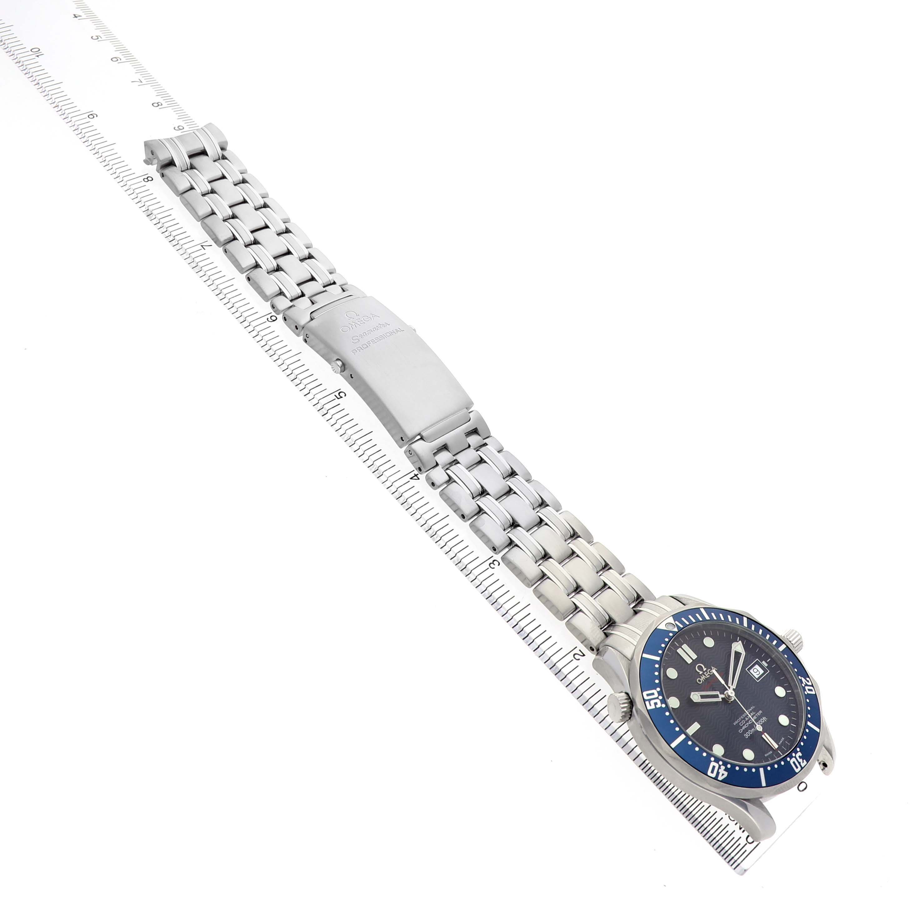 The Omega Seamaster 2220.80.00 Men's Stainless Steel Blue Dial watch is shown at an angle displaying the face, bezel, and full length of the metal bracelet.