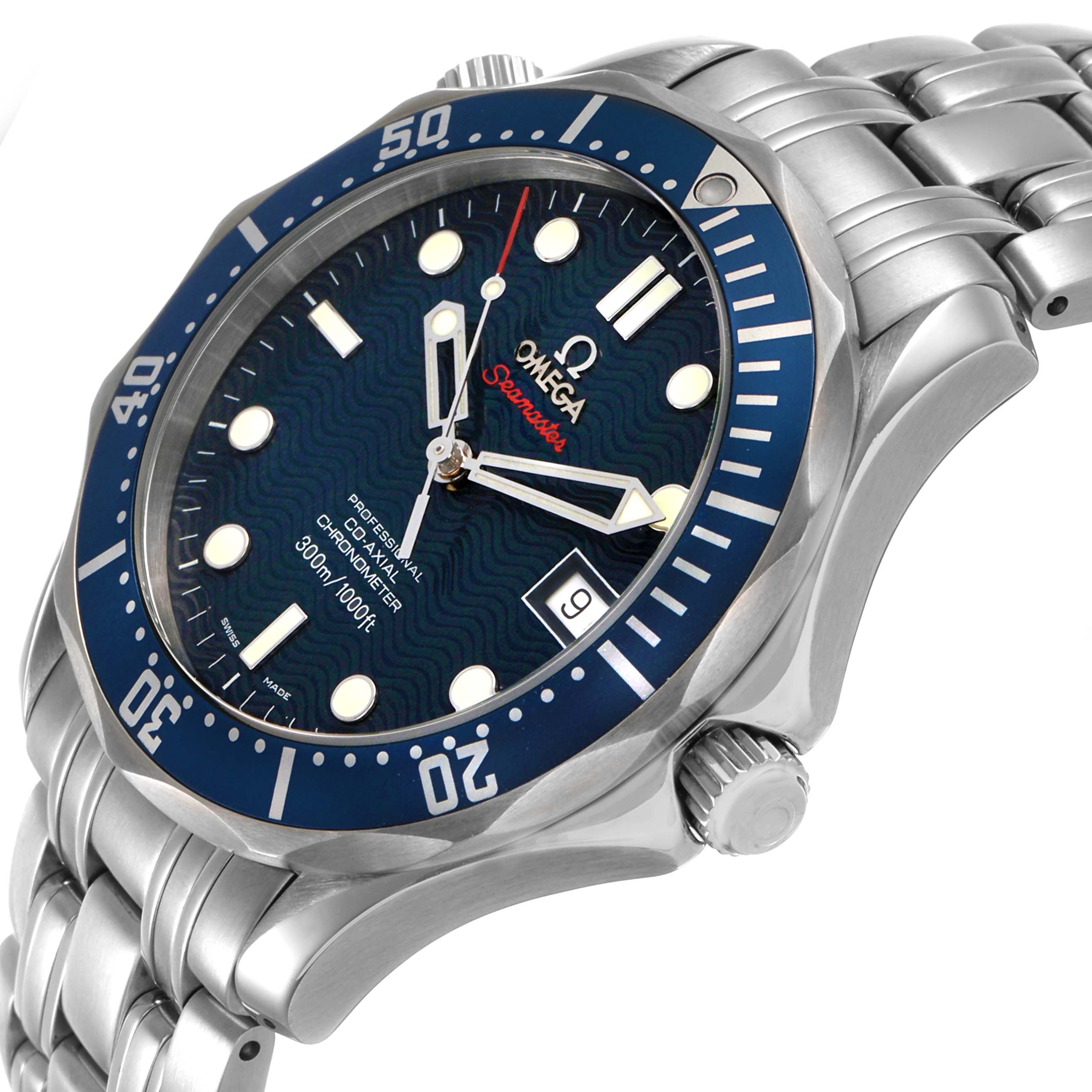 The Omega Seamaster 2220.80.00 Men's Stainless Steel Blue Dial watch is viewed from an angled side, showing the dial, bezel, bracelet, and crown.