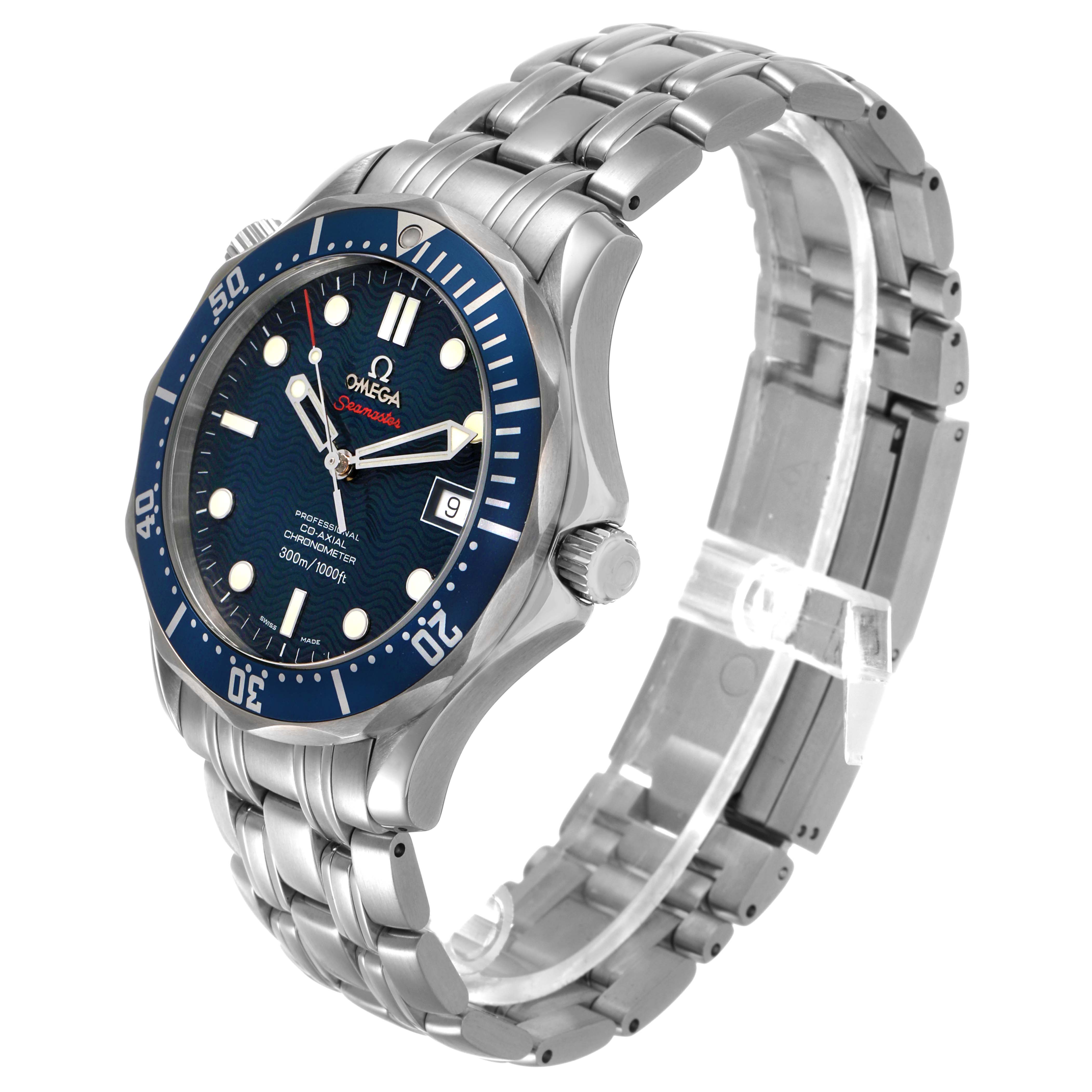 The image shows an Omega Seamaster 2220.80.00 Men's Stainless Steel Blue Dial watch at a three-quarter angle, highlighting the face, bezel, and bracelet.