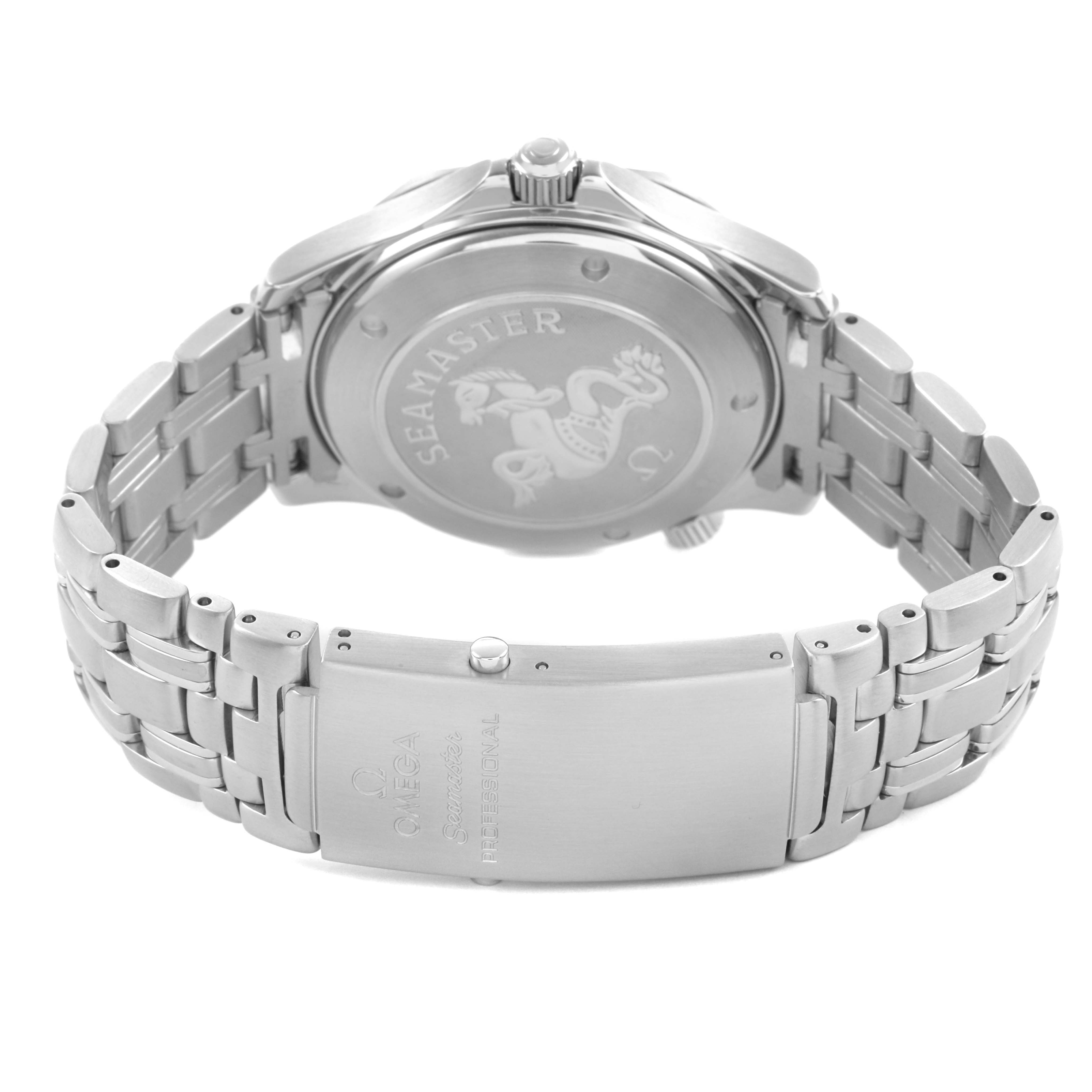 The image shows the back and clasp of the Omega Seamaster 2220.80.00 Men's Stainless Steel Blue Dial watch, highlighting its bracelet and case back detail.
