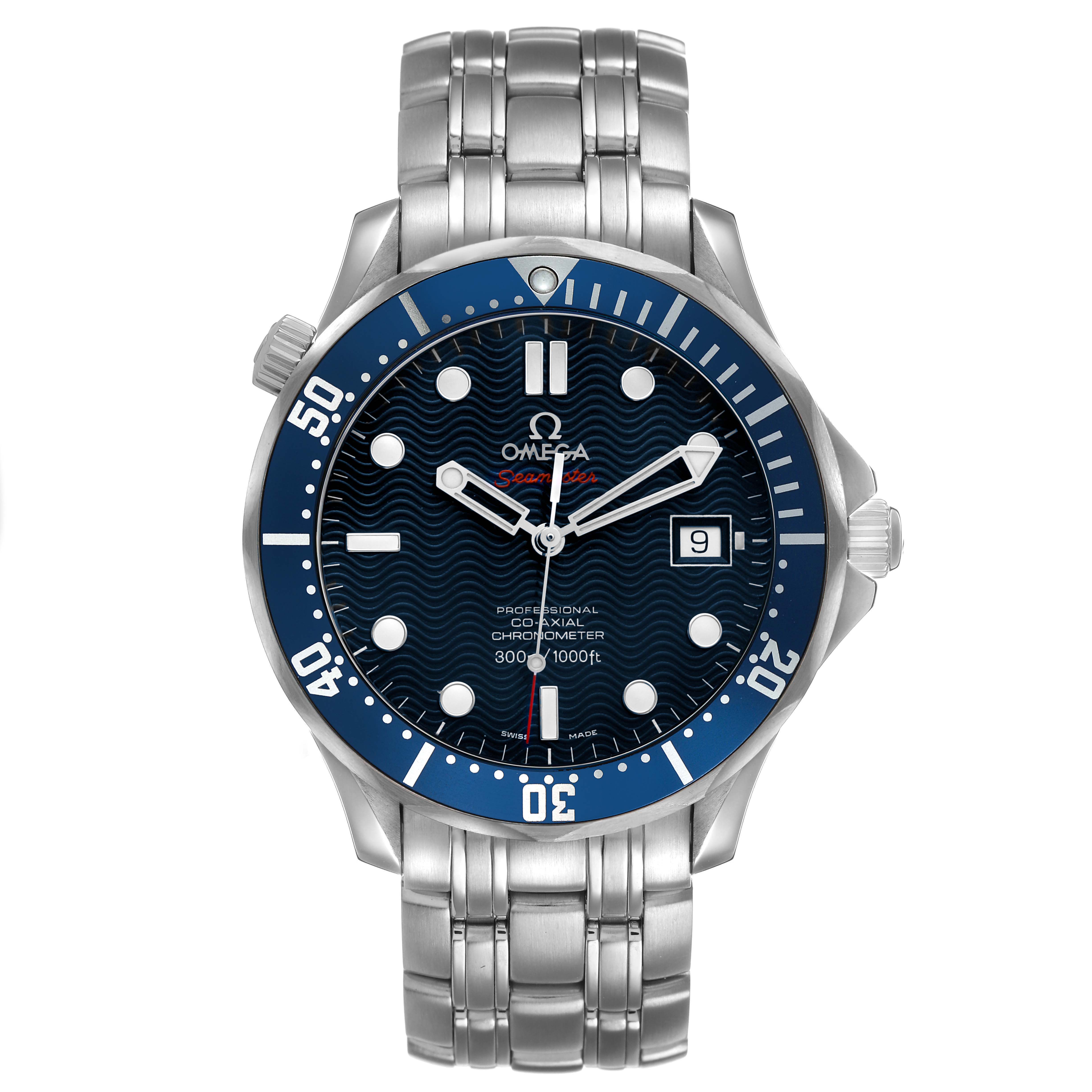 The Omega Seamaster 2220.80.00 Men's Stainless Steel Blue Dial watch is shown from a front angle, displaying its dial, bezel, and bracelet.