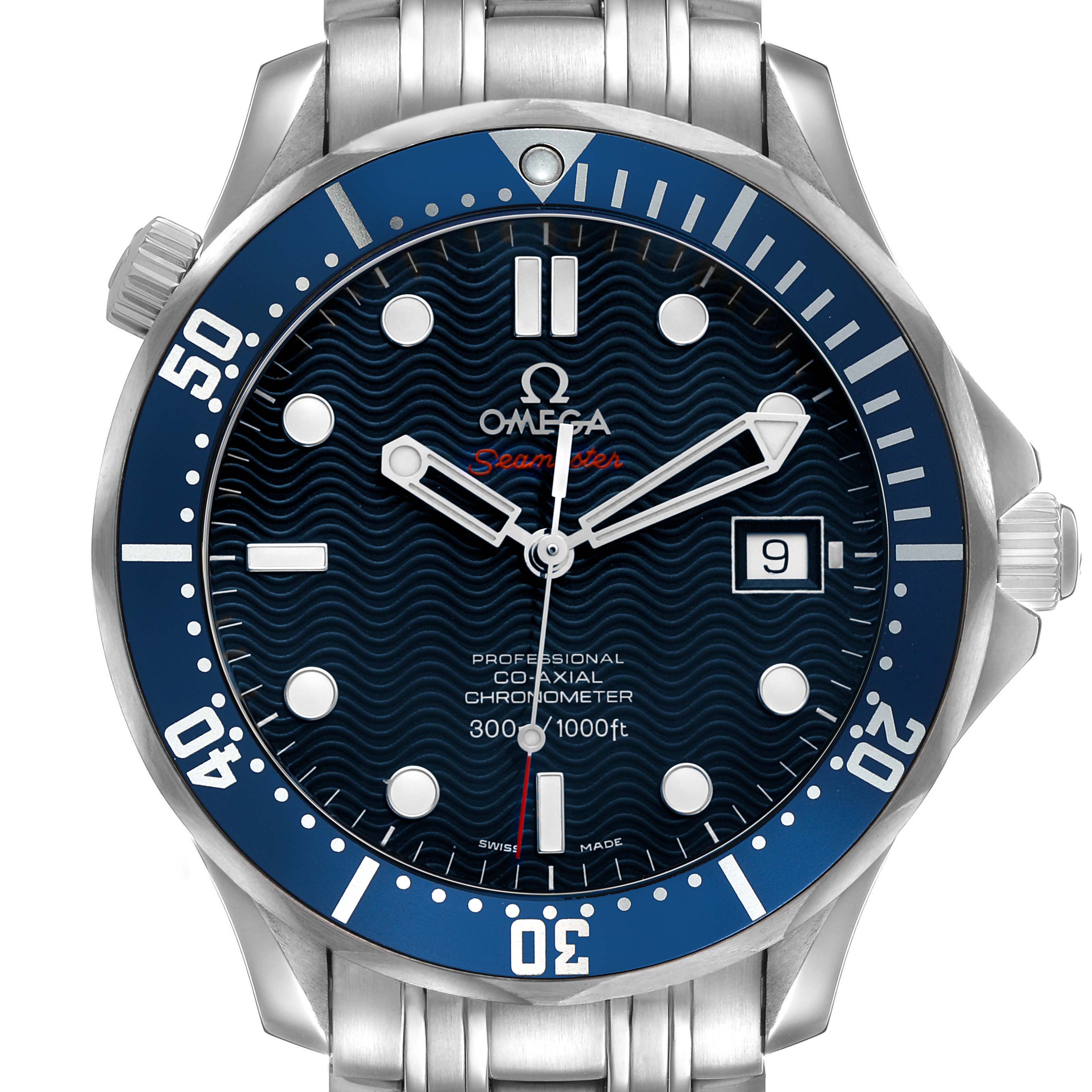 The Omega Seamaster 2220.80.00 Men's Stainless Steel Blue Dial watch is shown from the front, highlighting its blue bezel, wavy dial, and steel bracelet.