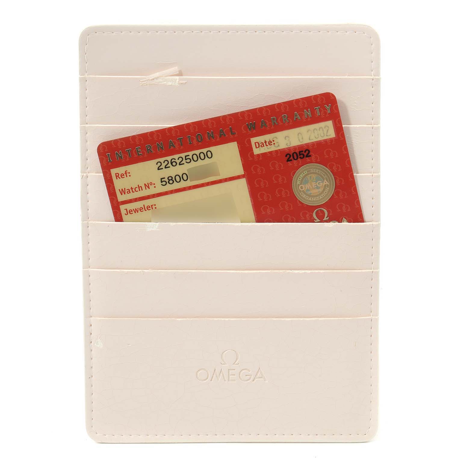 The image shows an Omega Seamaster 2262.50.00 Men's Stainless Steel Black Dial 2262.50.00 Men's Stainless Steel Black Dial's international warranty card holder from a front angle.