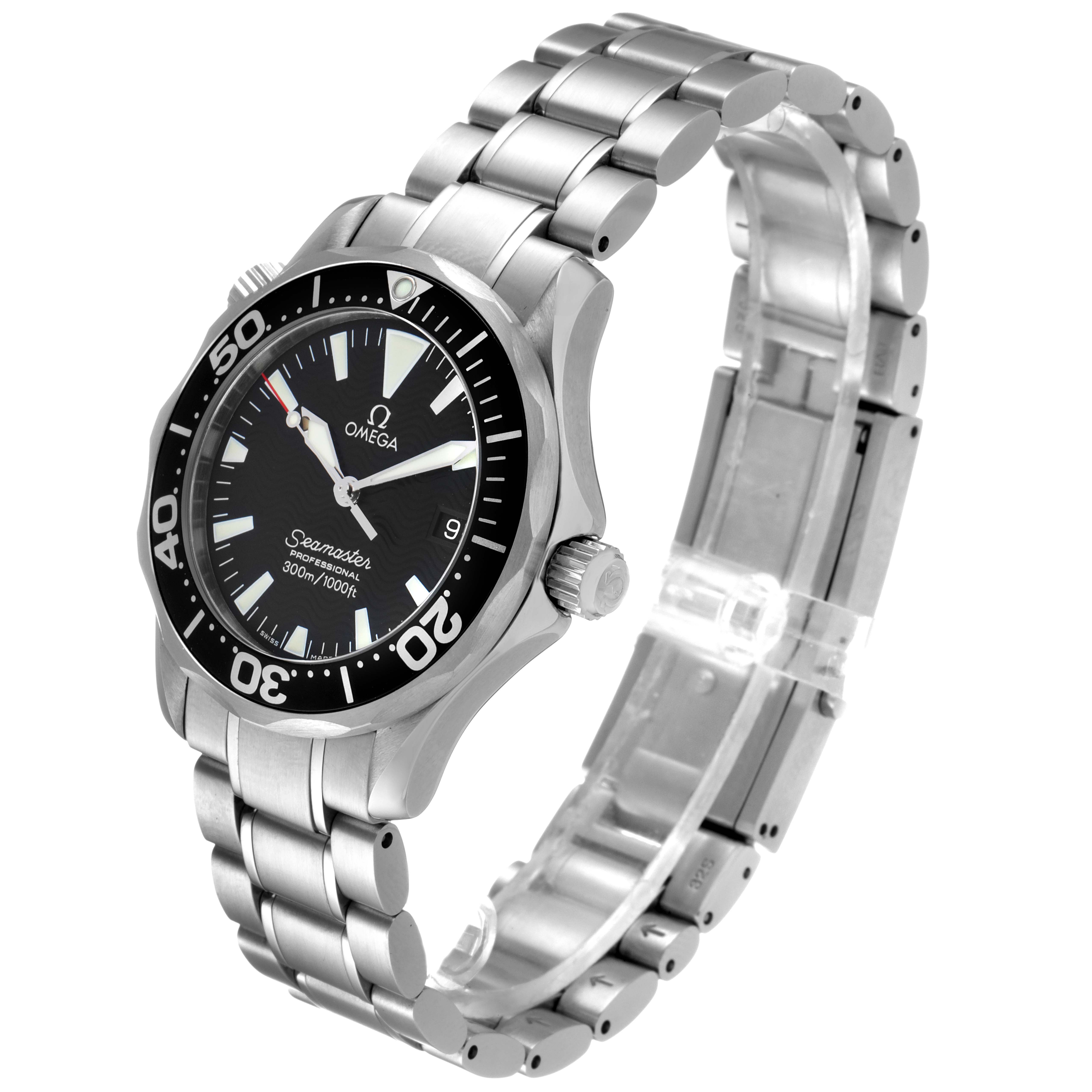 The Omega Seamaster 2262.50.00 Men's Stainless Steel Black Dial 2262.50.00 Men's Stainless Steel Black Dial watch is shown at an angle highlighting the face, bezel, crown, and stainless steel bracelet.