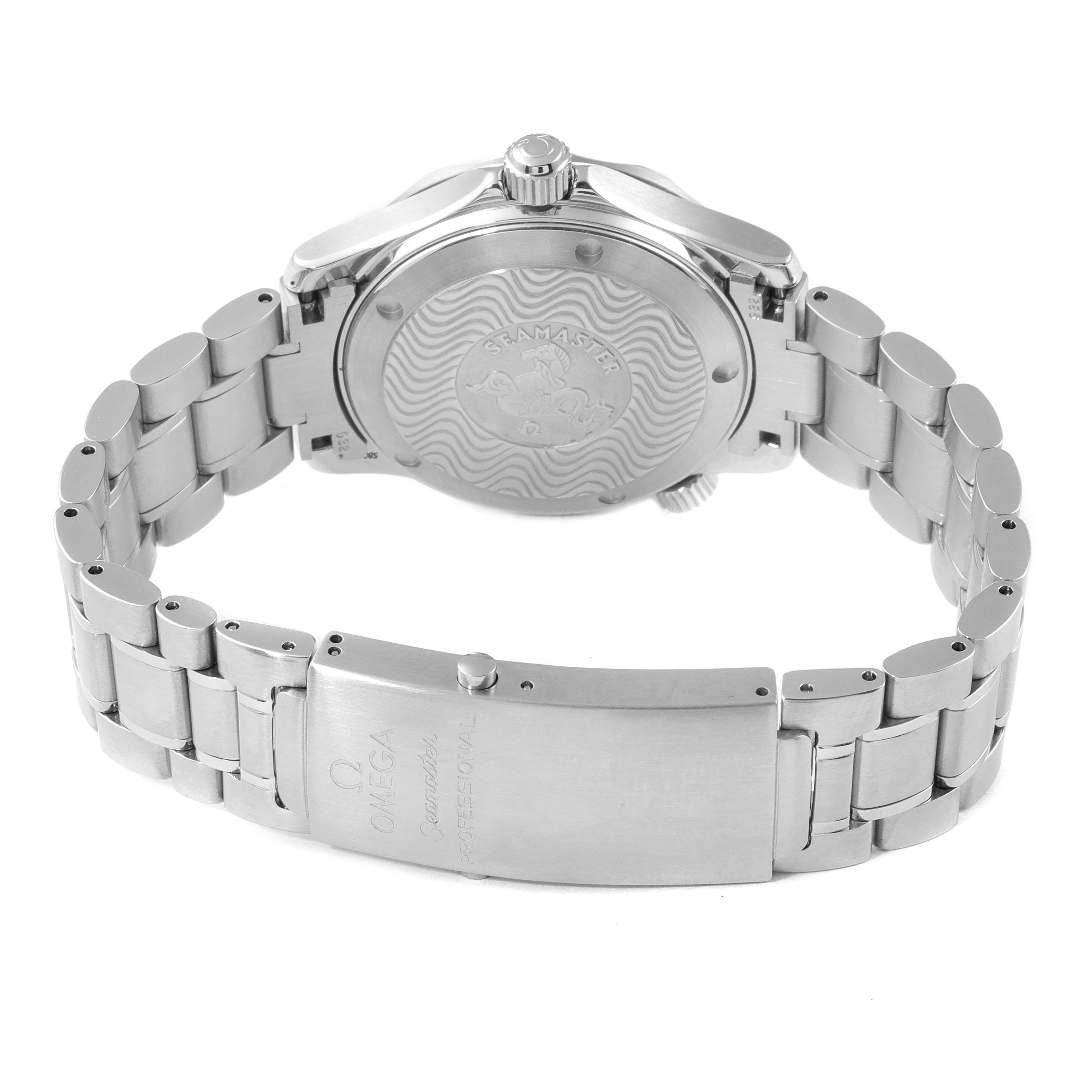 The image shows the back case and clasp of an Omega Seamaster 2262.50.00 Men's Stainless Steel Black Dial 2262.50.00 Men's Stainless Steel Black Dial watch from a rear angle.