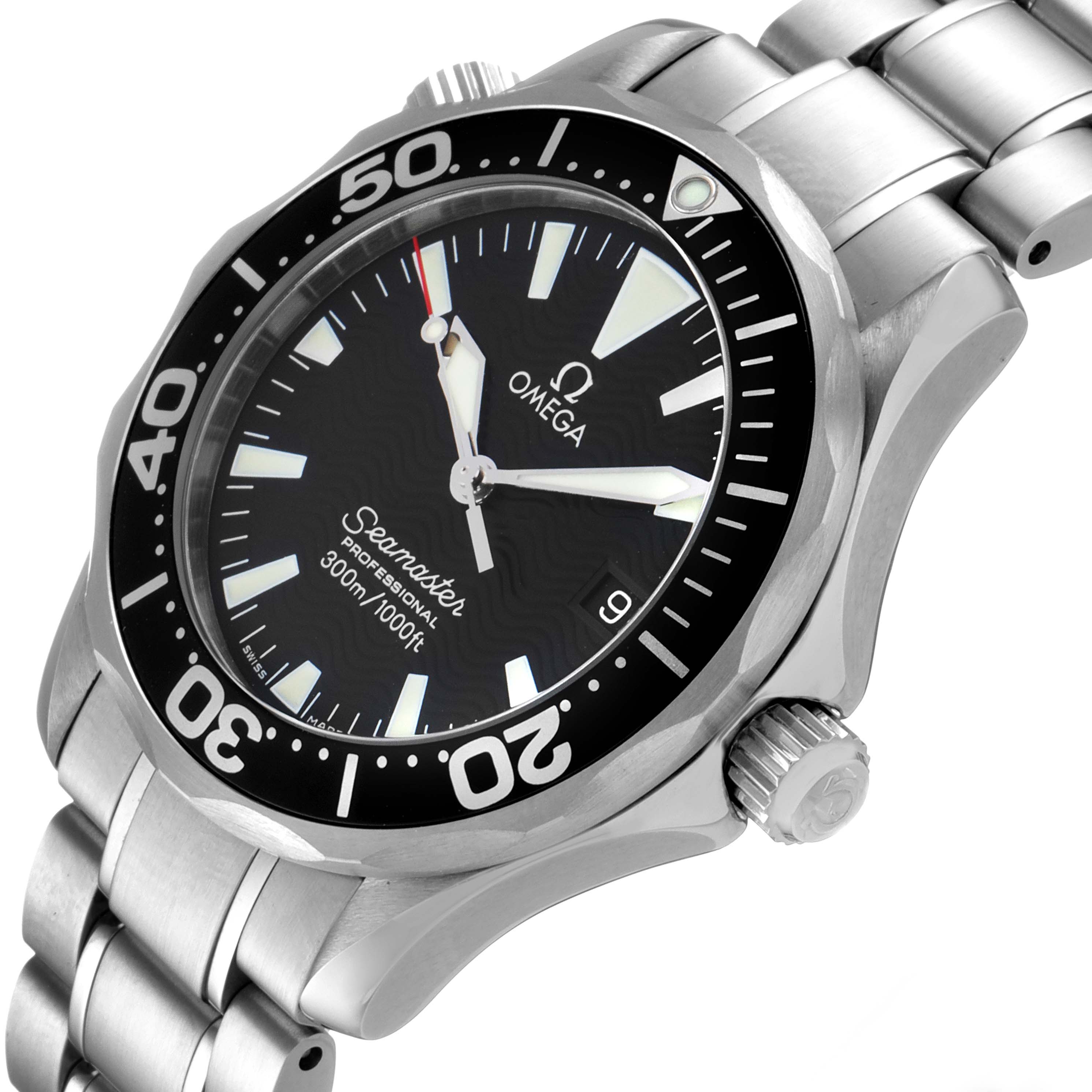 The image shows a close-up of the Omega Seamaster 2262.50.00 Men's Stainless Steel Black Dial 2262.50.00 Men's Stainless Steel Black Dial watch from a slightly angled side view, highlighting the dial, bezel, and bracelet.