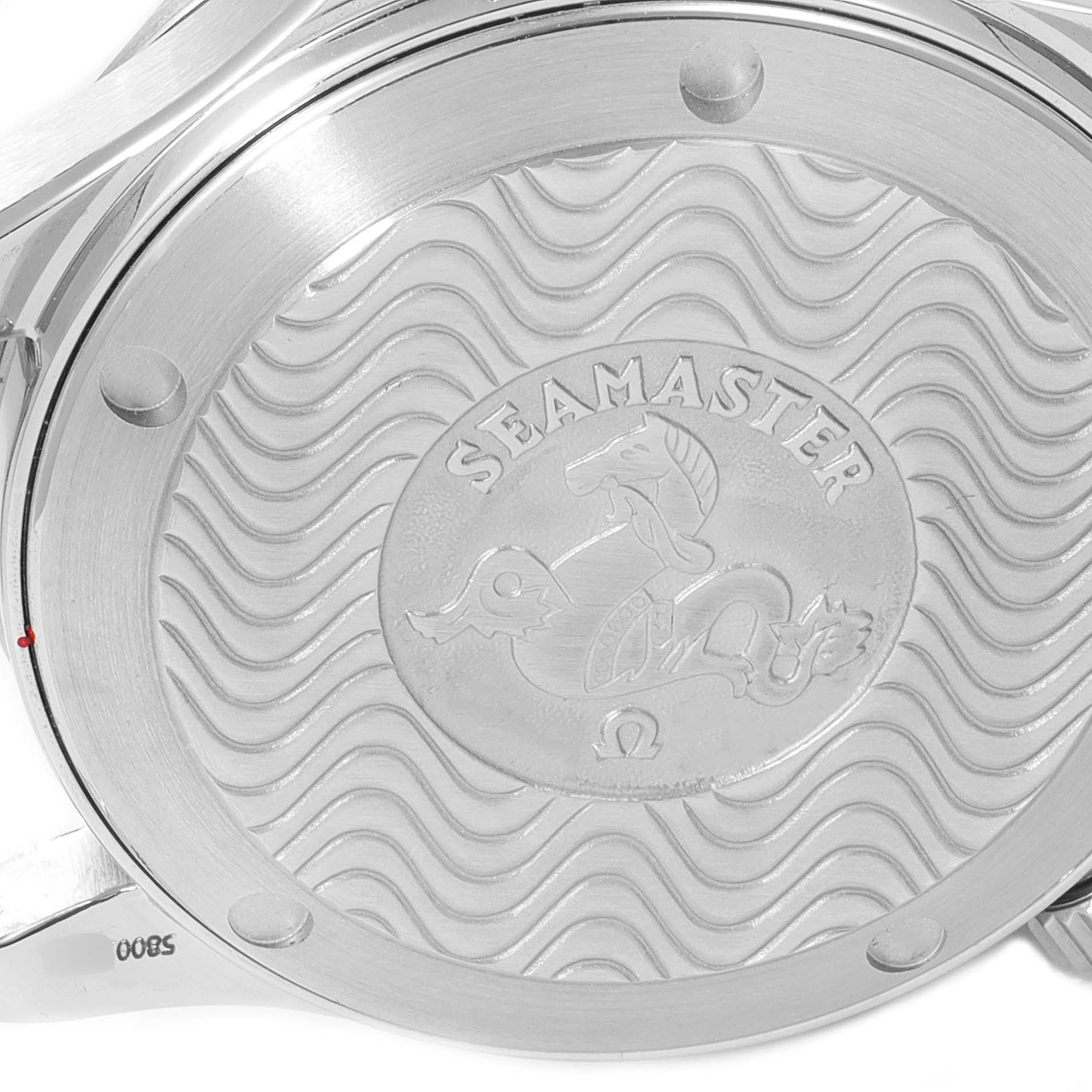 The image shows the back casing of the Omega Seamaster 2262.50.00 Men's Stainless Steel Black Dial 2262.50.00 Men's Stainless Steel Black Dial watch, featuring an engraved design and the word "Seamaster."