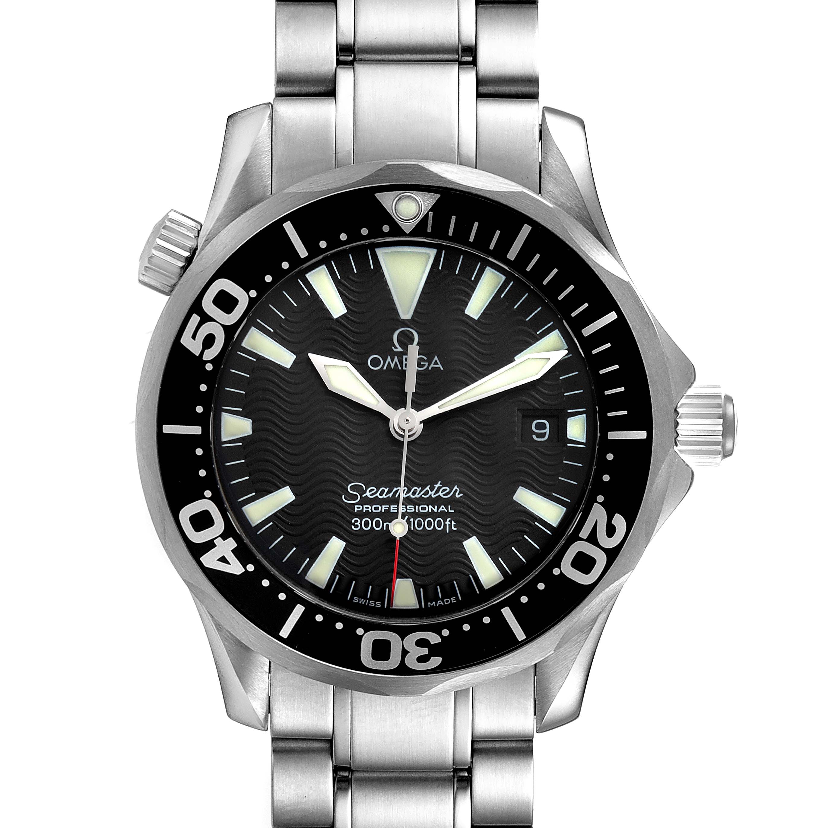 The Omega Seamaster 2262.50.00 Men's Stainless Steel Black Dial 2262.50.00 Men's Stainless Steel Black Dial watch is shown from a top-down angle, displaying the dial, bezel, hands, and part of the bracelet.