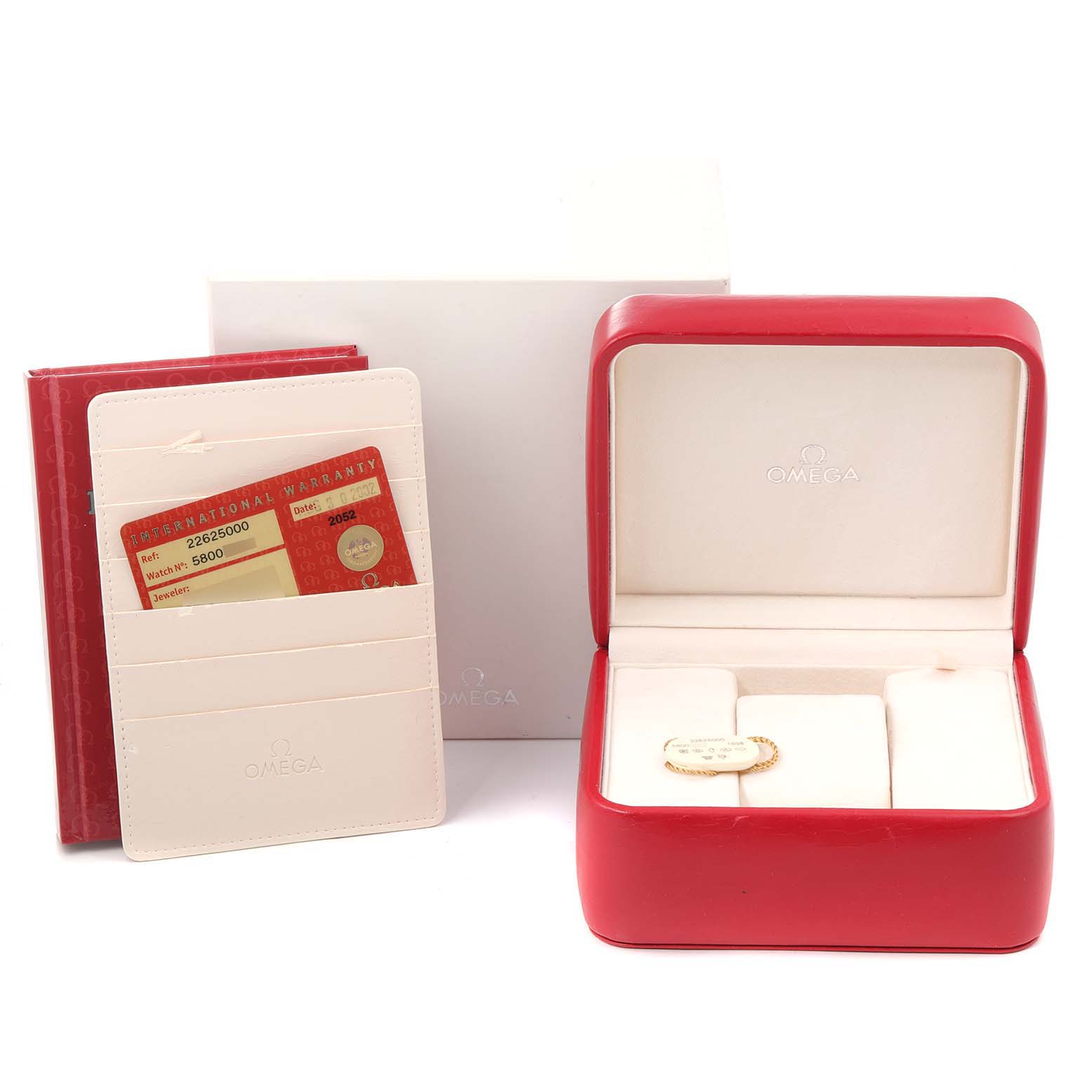 The image shows the Omega Seamaster 2262.50.00 Men's Stainless Steel Black Dial 2262.50.00 Men's Stainless Steel Black Dial watch's red case, a white box, an International Warranty card, and a manual.