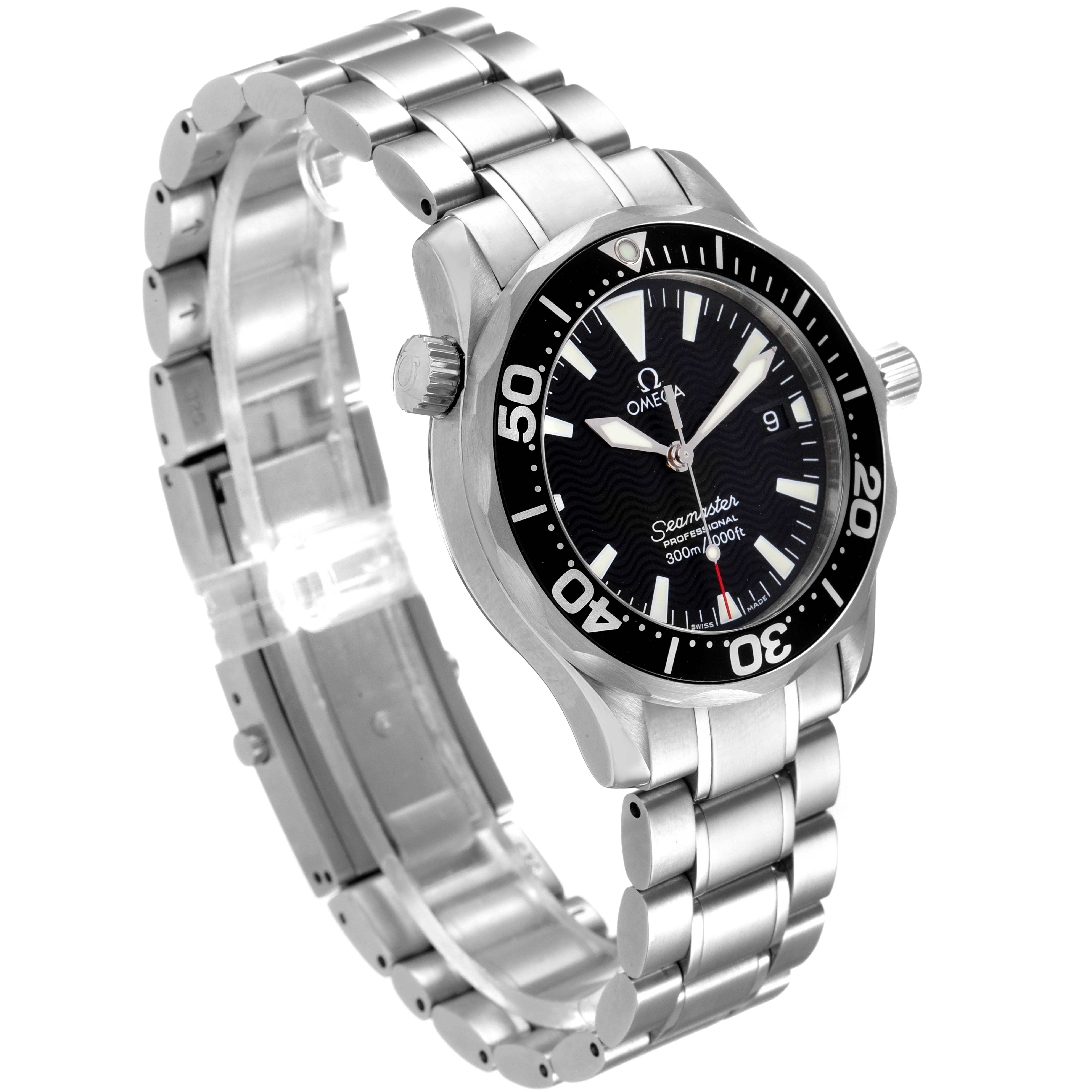 The image shows an angled view of an Omega Seamaster 2262.50.00 Men's Stainless Steel Black Dial 2262.50.00 Men's Stainless Steel Black Dial watch, highlighting its face, bezel, crown, and metal strap.