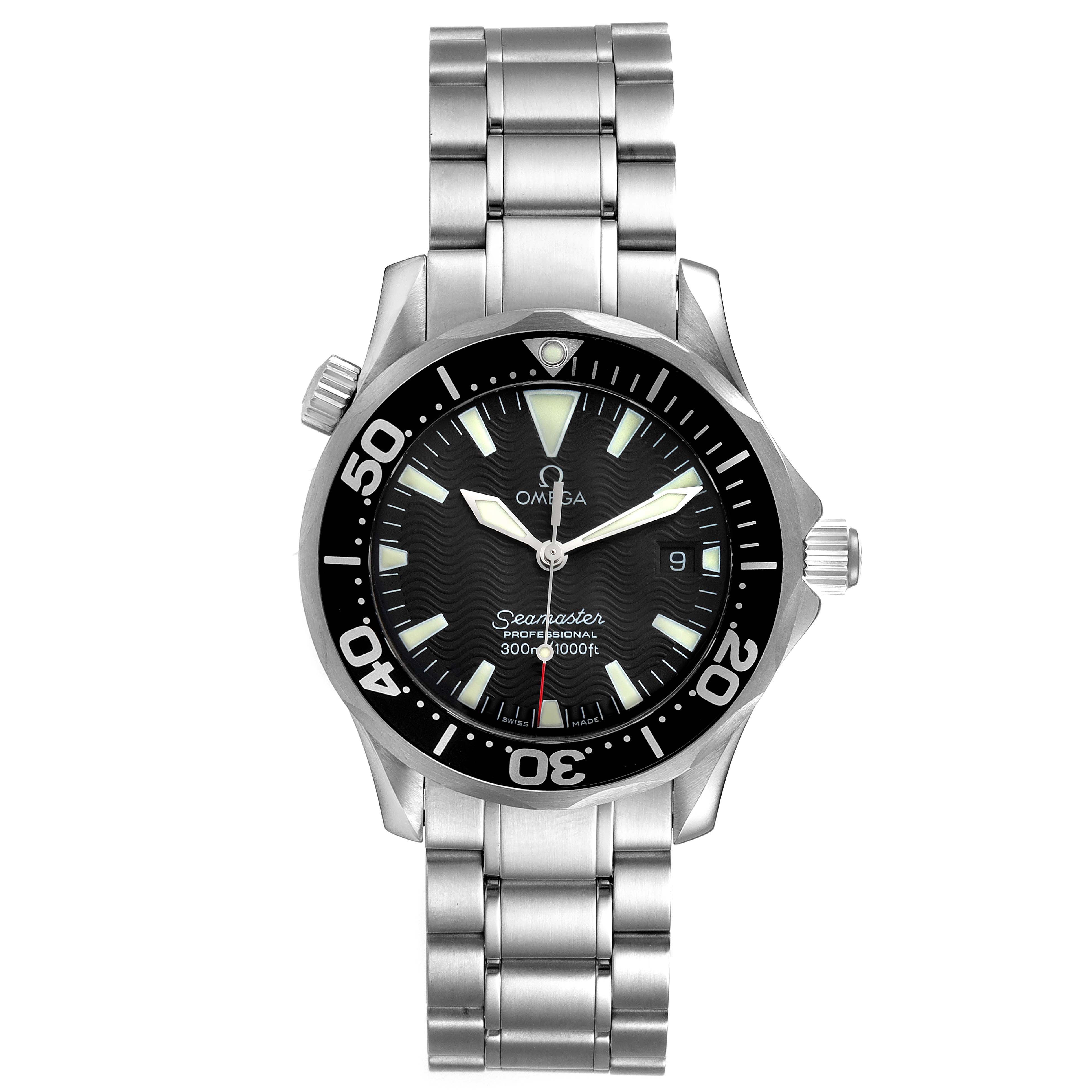 The Omega Seamaster 2262.50.00 Men's Stainless Steel Black Dial 2262.50.00 Men's Stainless Steel Black Dial watch is shown from the front, displaying the dial, bezel, bracelet, and crown.