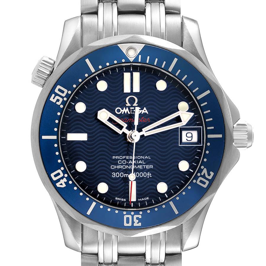 The Omega Seamaster watch is shown from a front angle, highlighting the dial, bezel, bracelet, and crown.