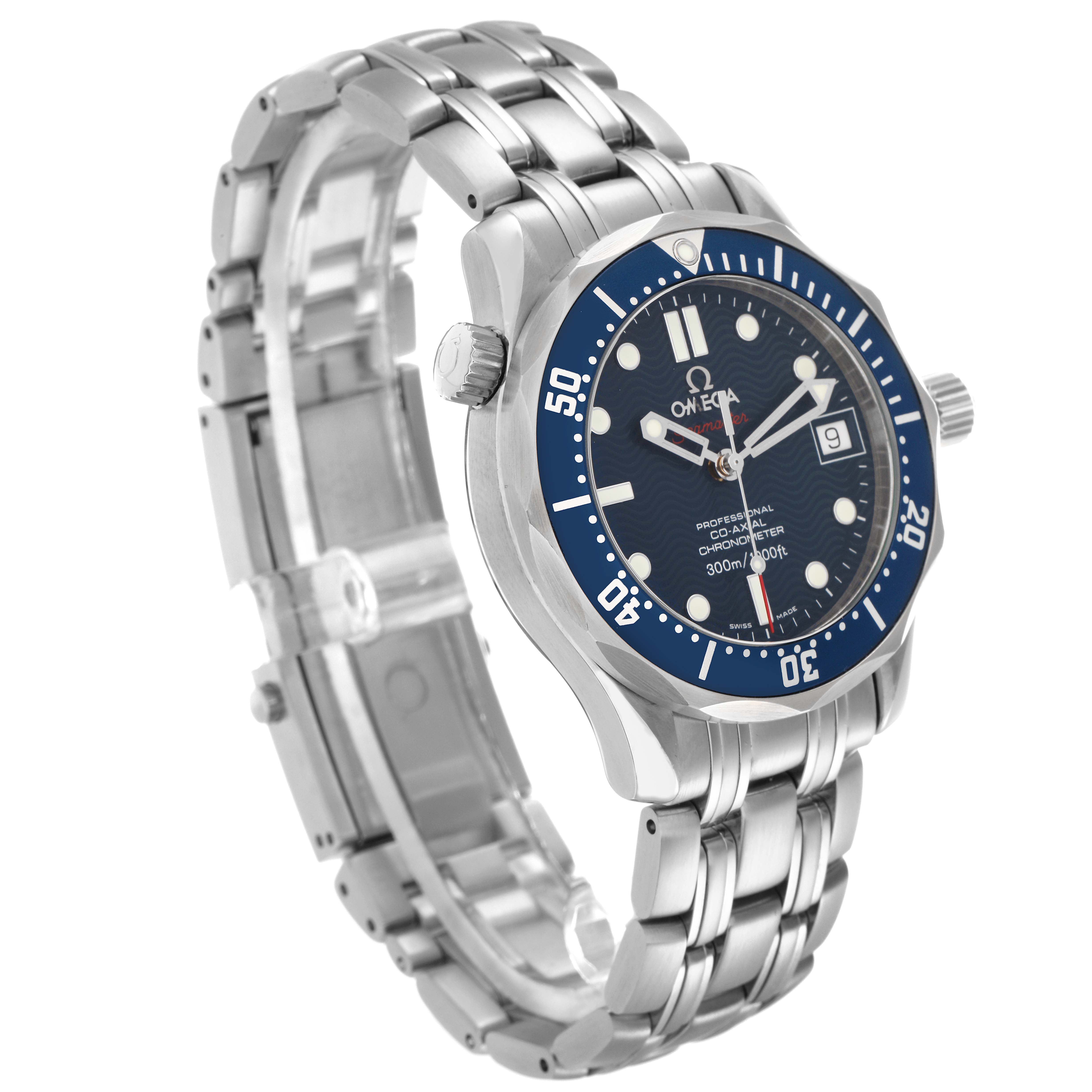 The Omega Seamaster 2222.80.00 Men
s Stainless Steel Blue Dial 2222.80.00 Men
s Stainless Steel Blue Dial watch is shown at a three-quarter angle, highlighting the bracelet, bezel, and dial with hour markers.