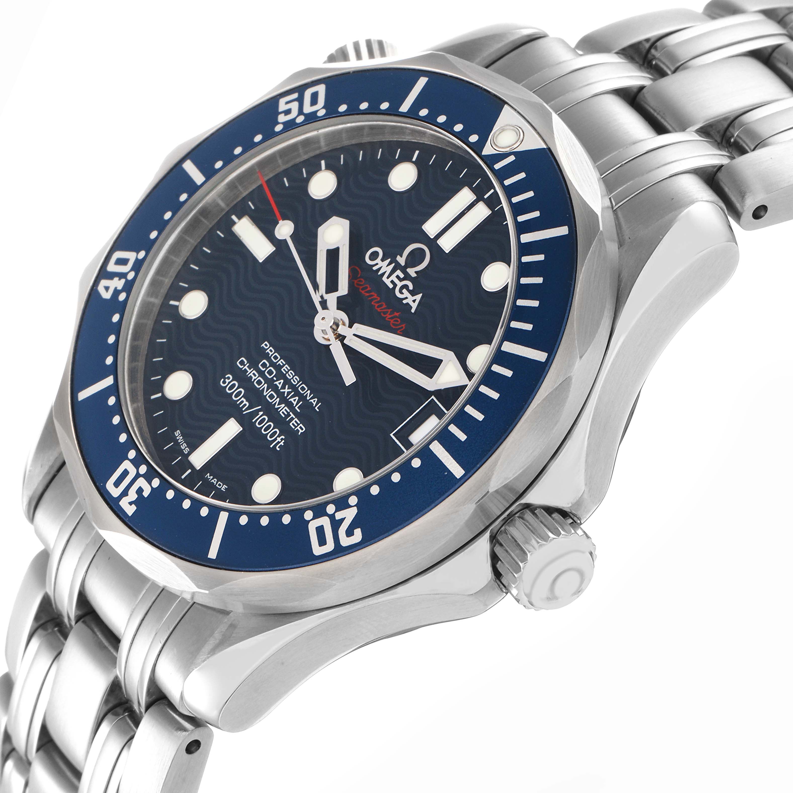 The Omega Seamaster 2222.80.00 Men
s Stainless Steel Blue Dial 2222.80.00 Men
s Stainless Steel Blue Dial watch is shown at an angle highlighting the face, bezel, crown, and metal bracelet.