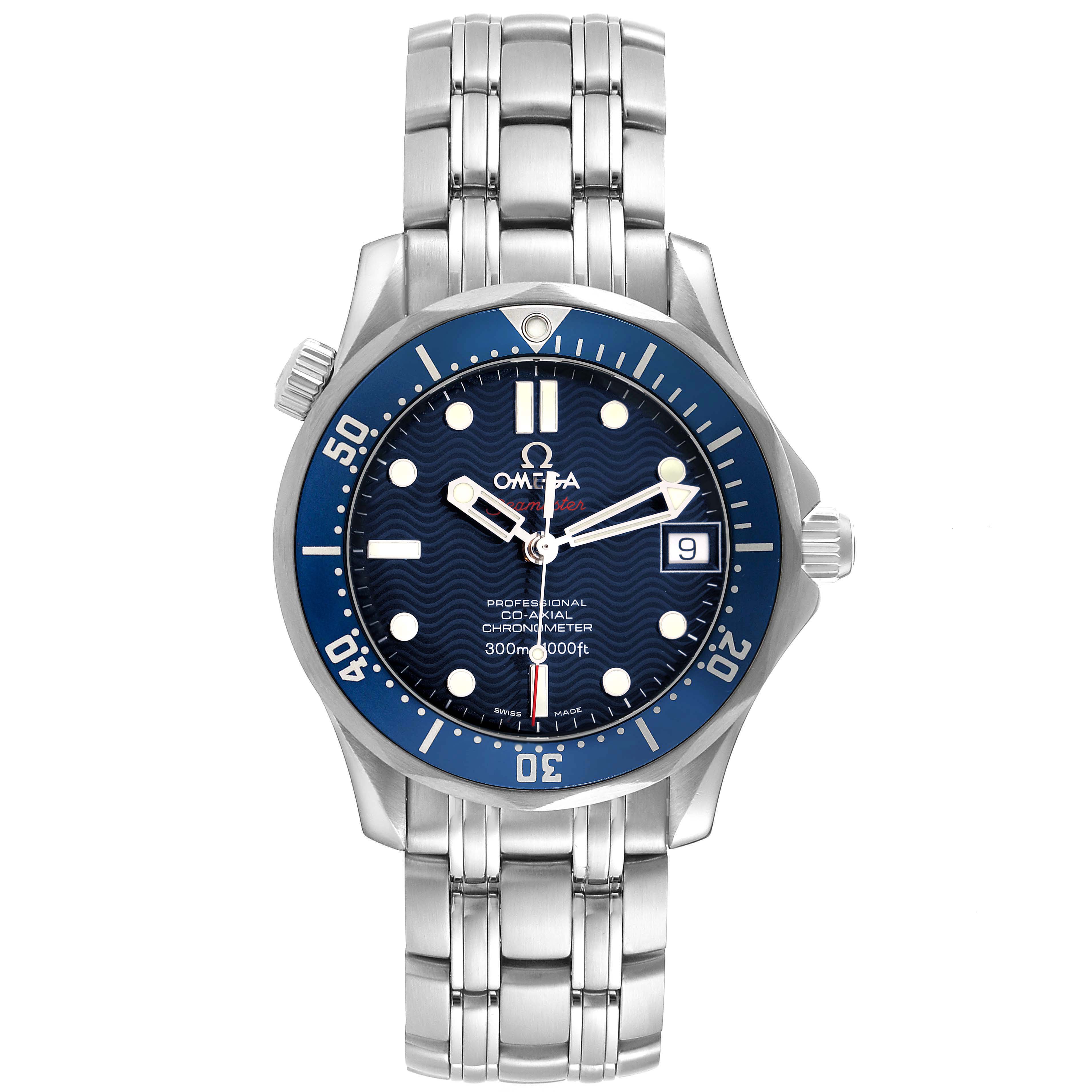 The Omega Seamaster 2222.80.00 Men
s Stainless Steel Blue Dial 2222.80.00 Men
s Stainless Steel Blue Dial watch is shown from a front view, displaying the dial, bezel, bracelet, and crown.