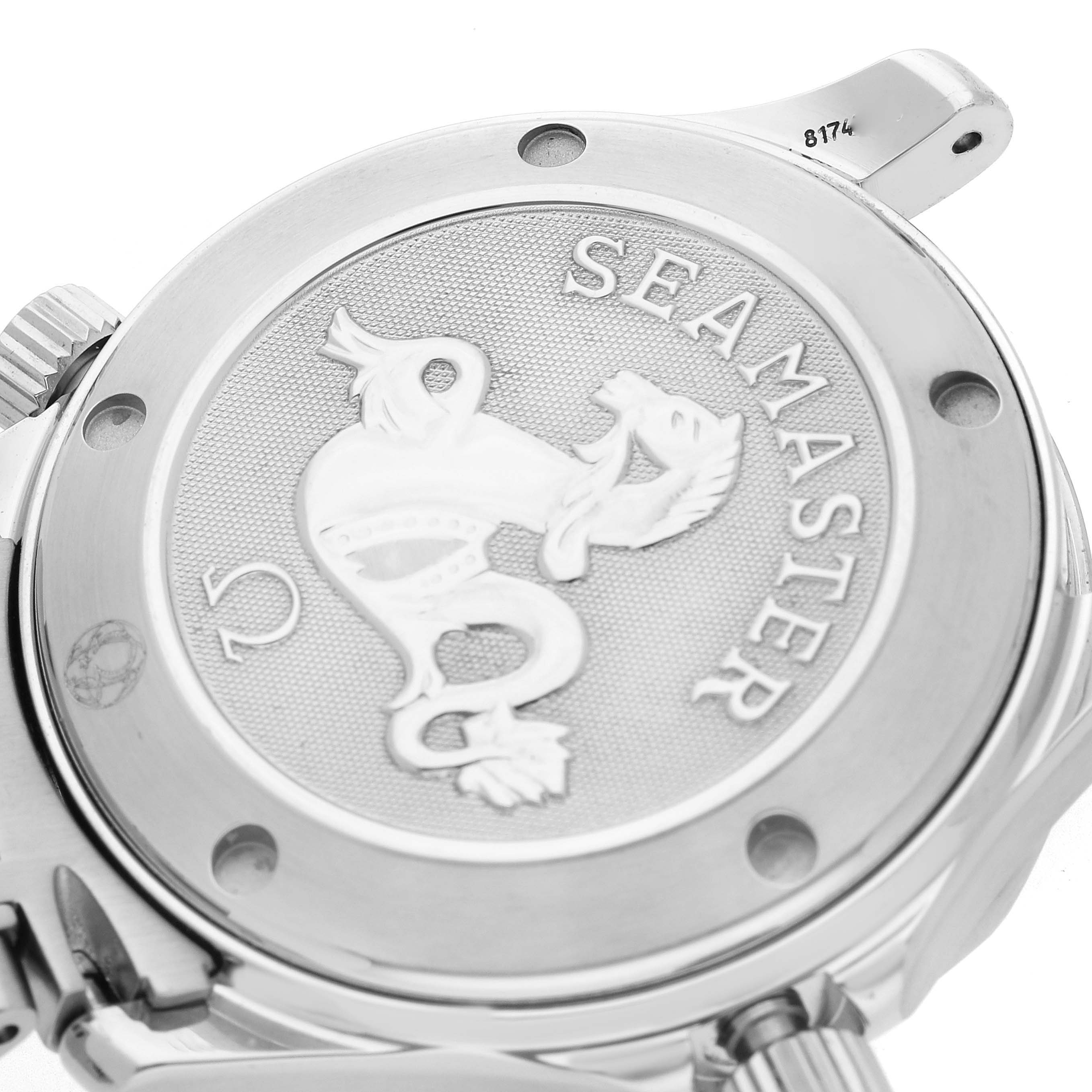 The image shows the engraved case back of an Omega Seamaster 2222.80.00 Men
s Stainless Steel Blue Dial 2222.80.00 Men
s Stainless Steel Blue Dial watch, viewed from an angle highlighting its design details.