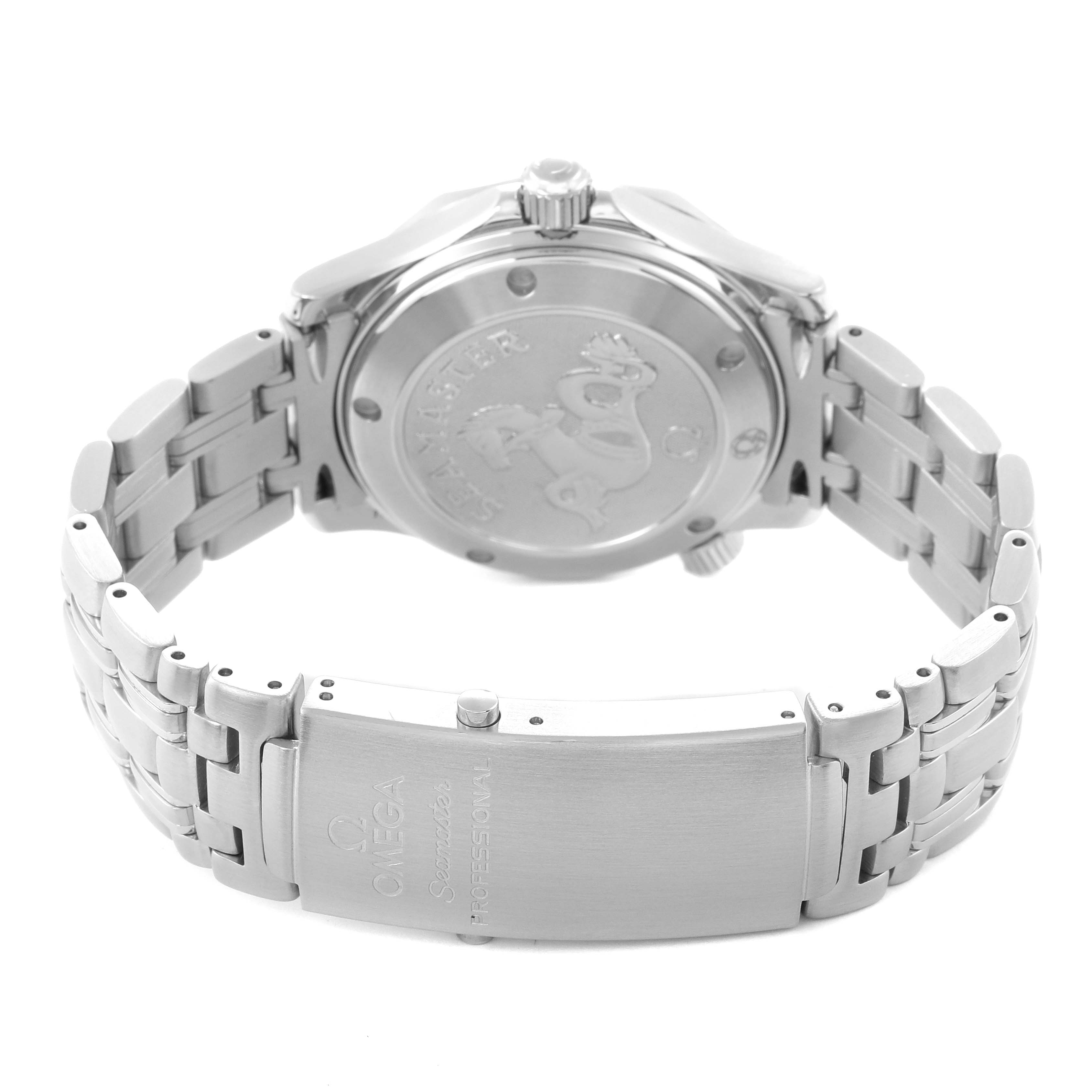 The image shows the back of the Omega Seamaster 2222.80.00 Men
s Stainless Steel Blue Dial 2222.80.00 Men
s Stainless Steel Blue Dial watch, highlighting the case back, bracelet, and clasp.