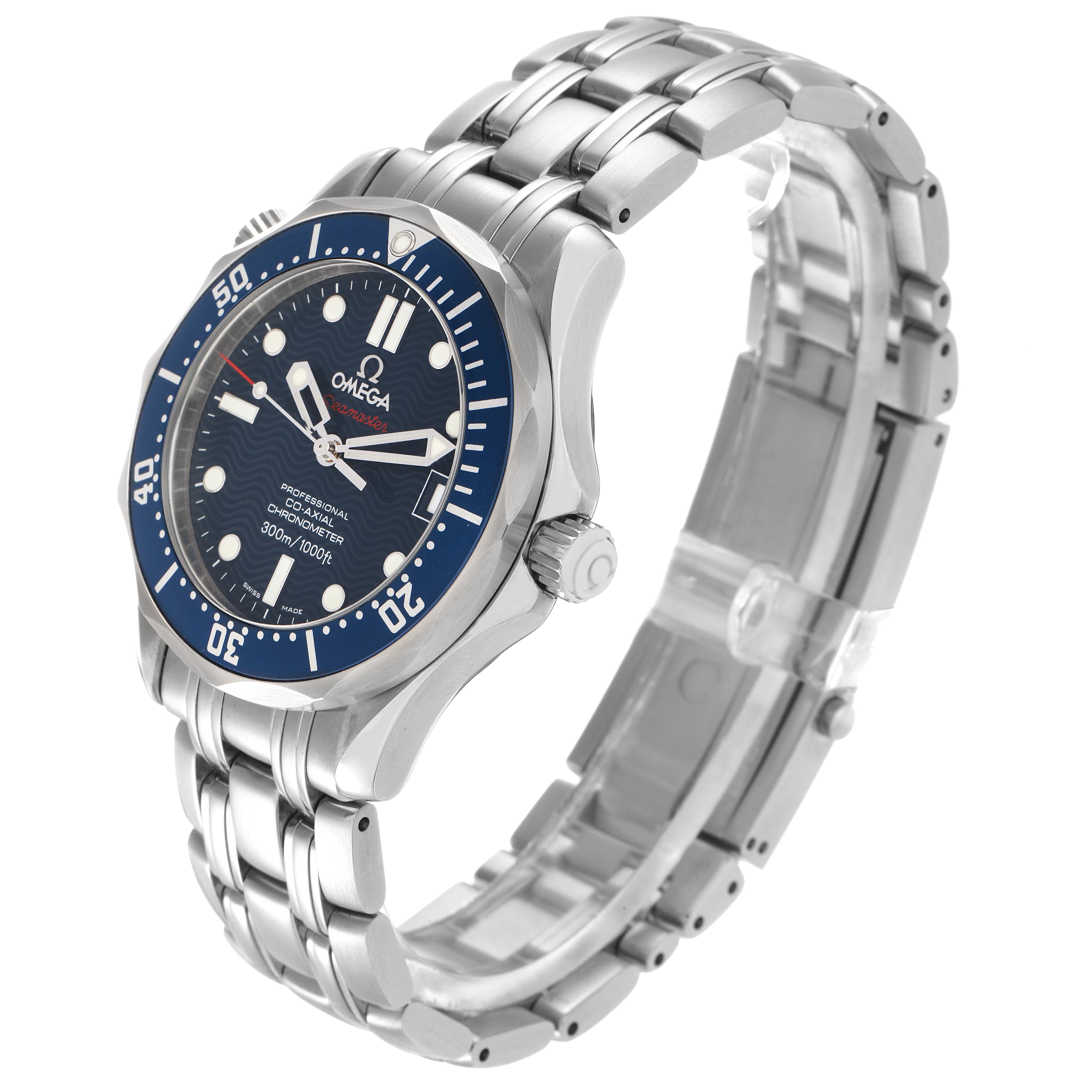 The Omega Seamaster 2222.80.00 Men
s Stainless Steel Blue Dial 2222.80.00 Men
s Stainless Steel Blue Dial watch is shown at a three-quarter angle, highlighting the face, bezel, crown, and stainless steel bracelet.