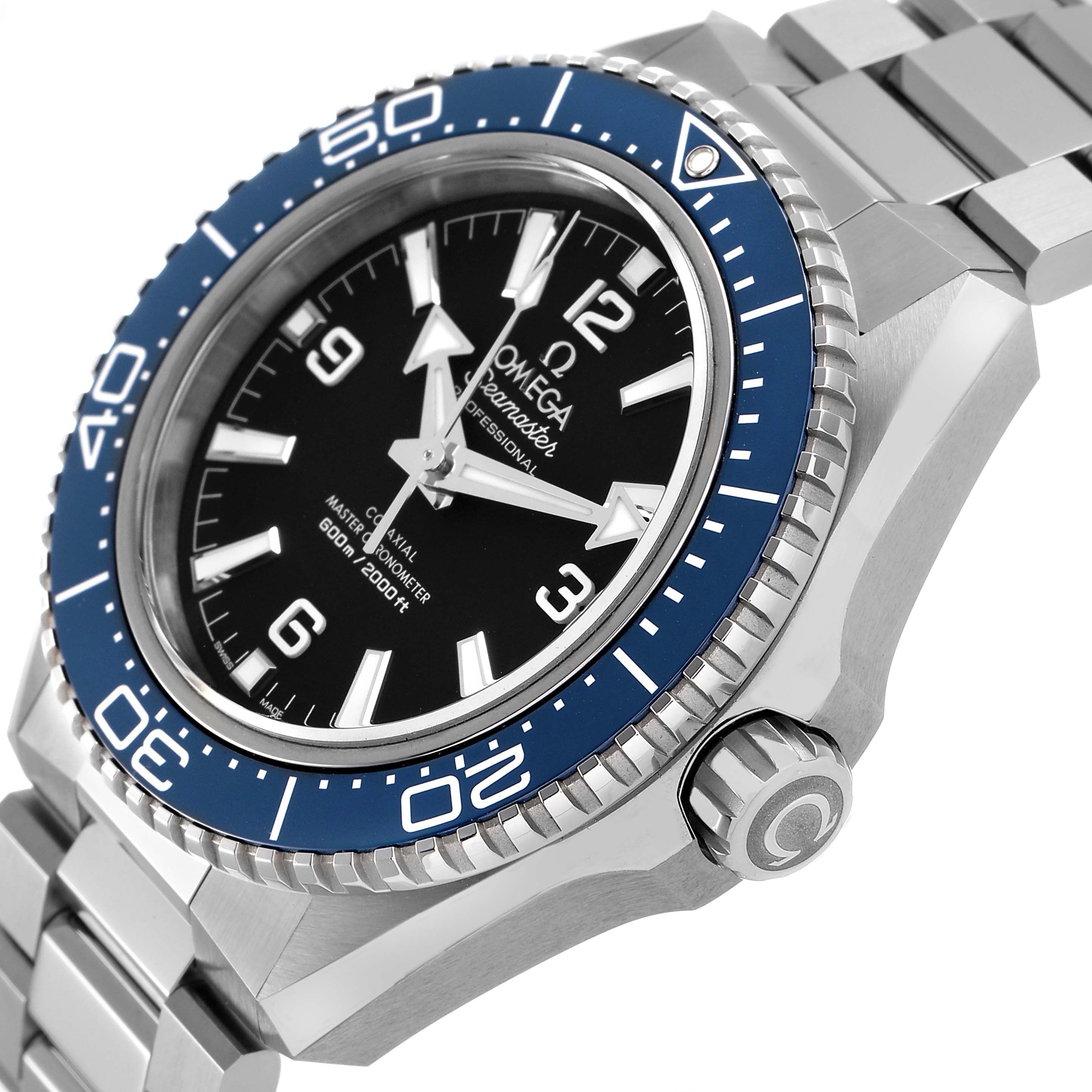 The Omega Planet Ocean 217.30.42.21.01.002 Men's Stainless Steel Black Dial watch is shown from an angle displaying the bezel, dial, crown, and part of the bracelet.