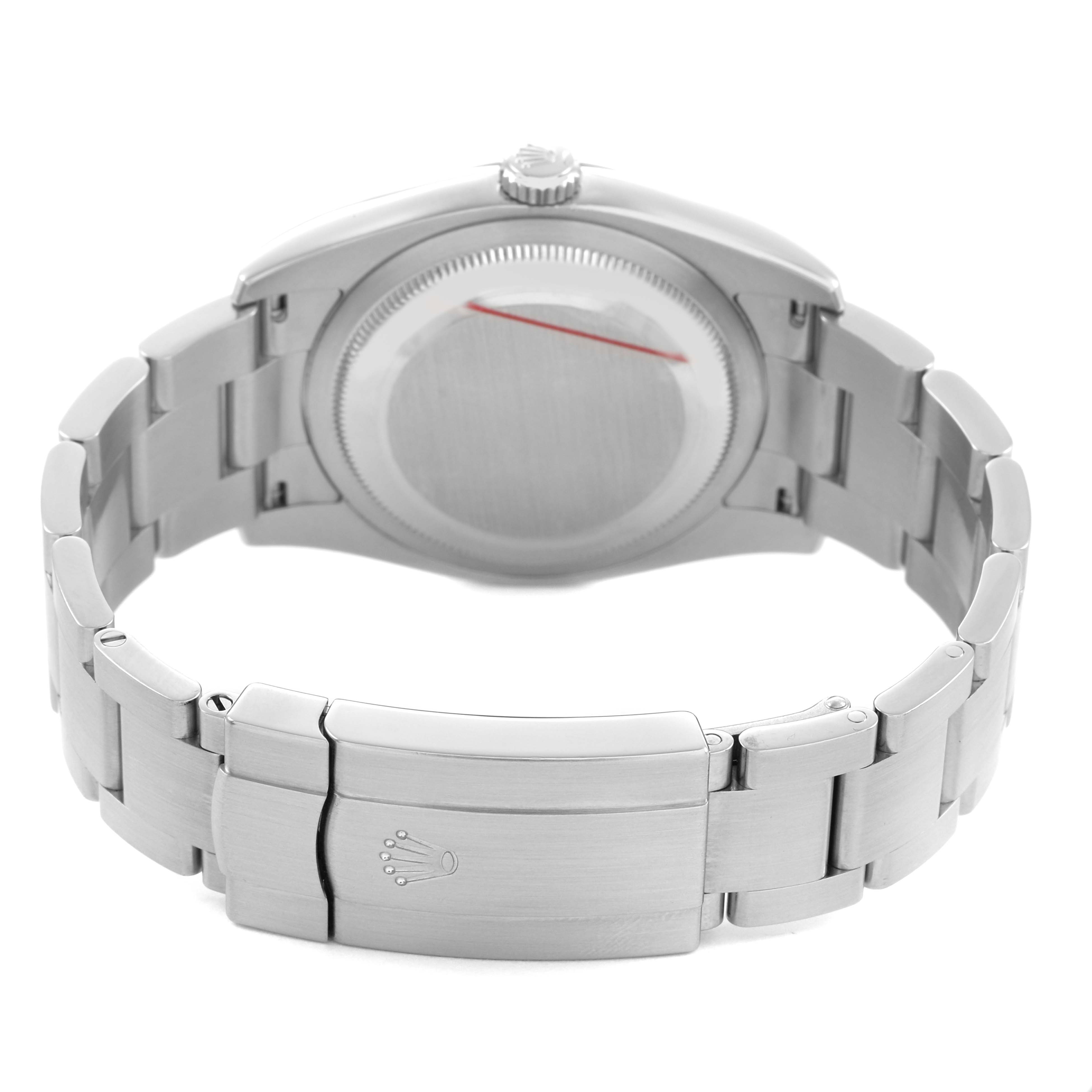 The image shows the back of an Omega Planet Ocean 217.30.42.21.01.002 Men's Stainless Steel Black Dial watch, highlighting the case back and bracelet clasp.