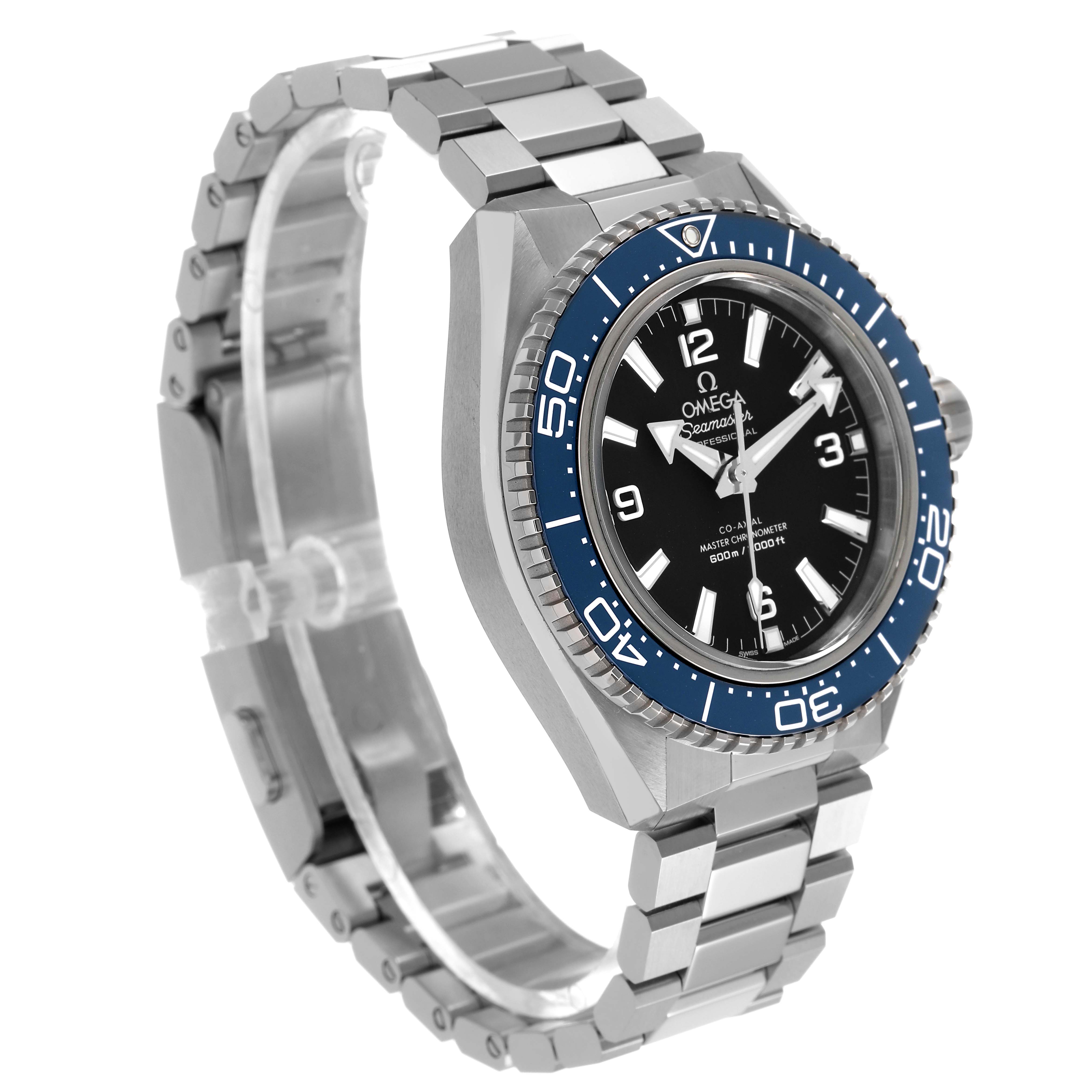 The Omega Planet Ocean 217.30.42.21.01.002 Men's Stainless Steel Black Dial watch is shown at a three-quarter angle, highlighting the bezel, dial, and metal bracelet.