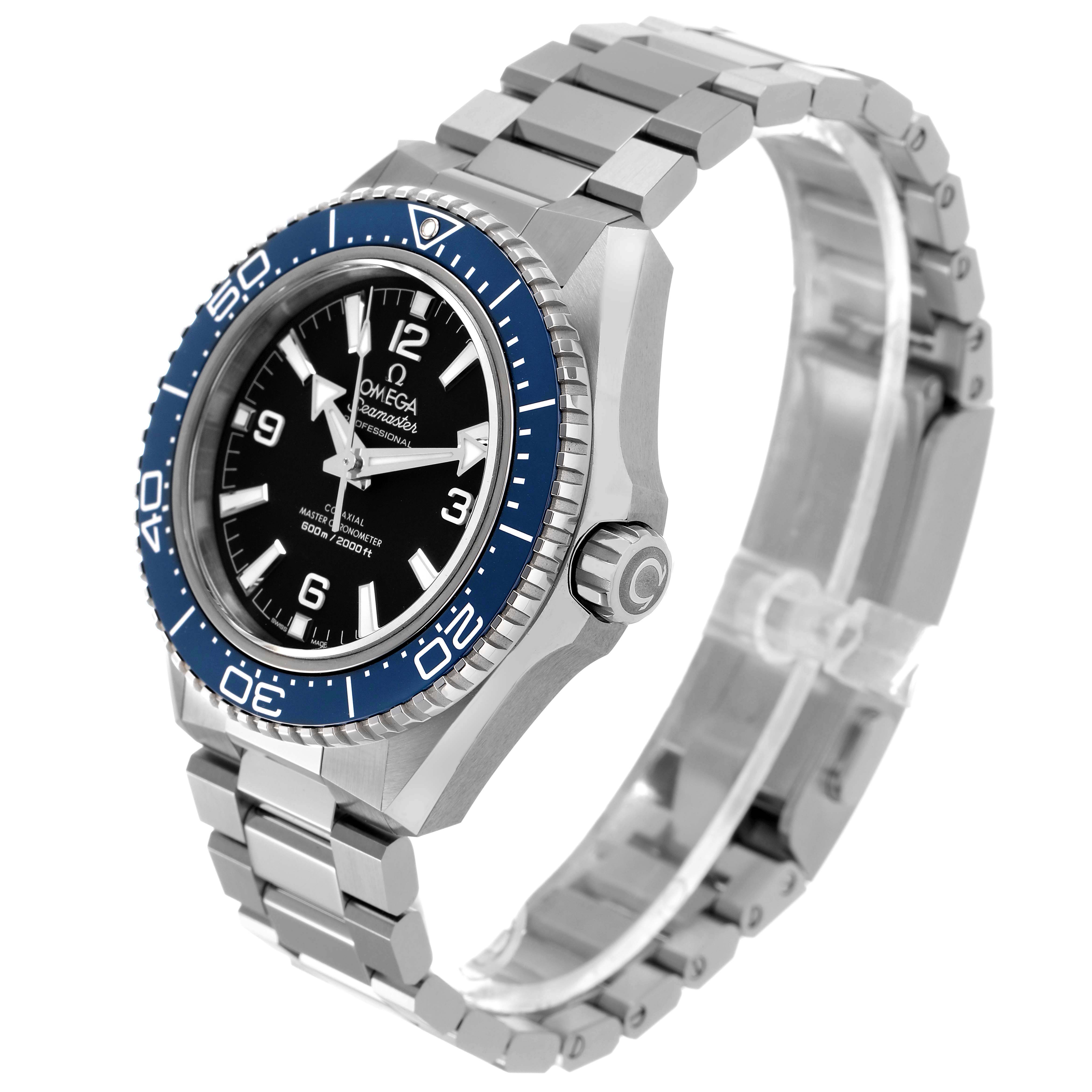 The Omega Planet Ocean 217.30.42.21.01.002 Men's Stainless Steel Black Dial watch is shown at a three-quarter angle, highlighting its blue bezel, dial, crown, and metal bracelet.