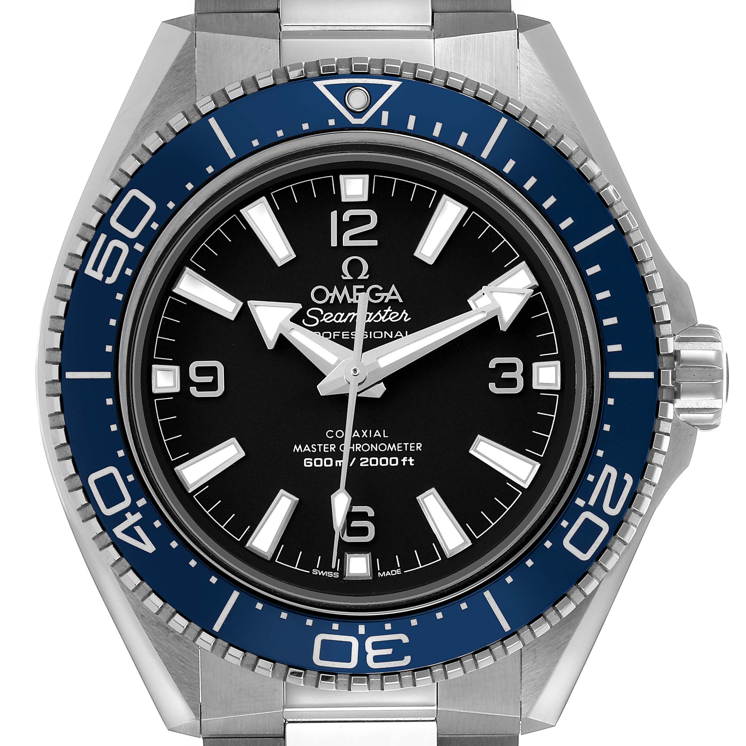The Omega Planet Ocean 217.30.42.21.01.002 Men's Stainless Steel Black Dial watch is shown from a front angle, displaying its face, bezel, and part of the bracelet.