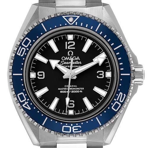 This Omega Planet Ocean 217.30.42.21.01.002 Men's Stainless Steel Black Dial watch is shown from the front, highlighting the dial, bezel, and part of the case.