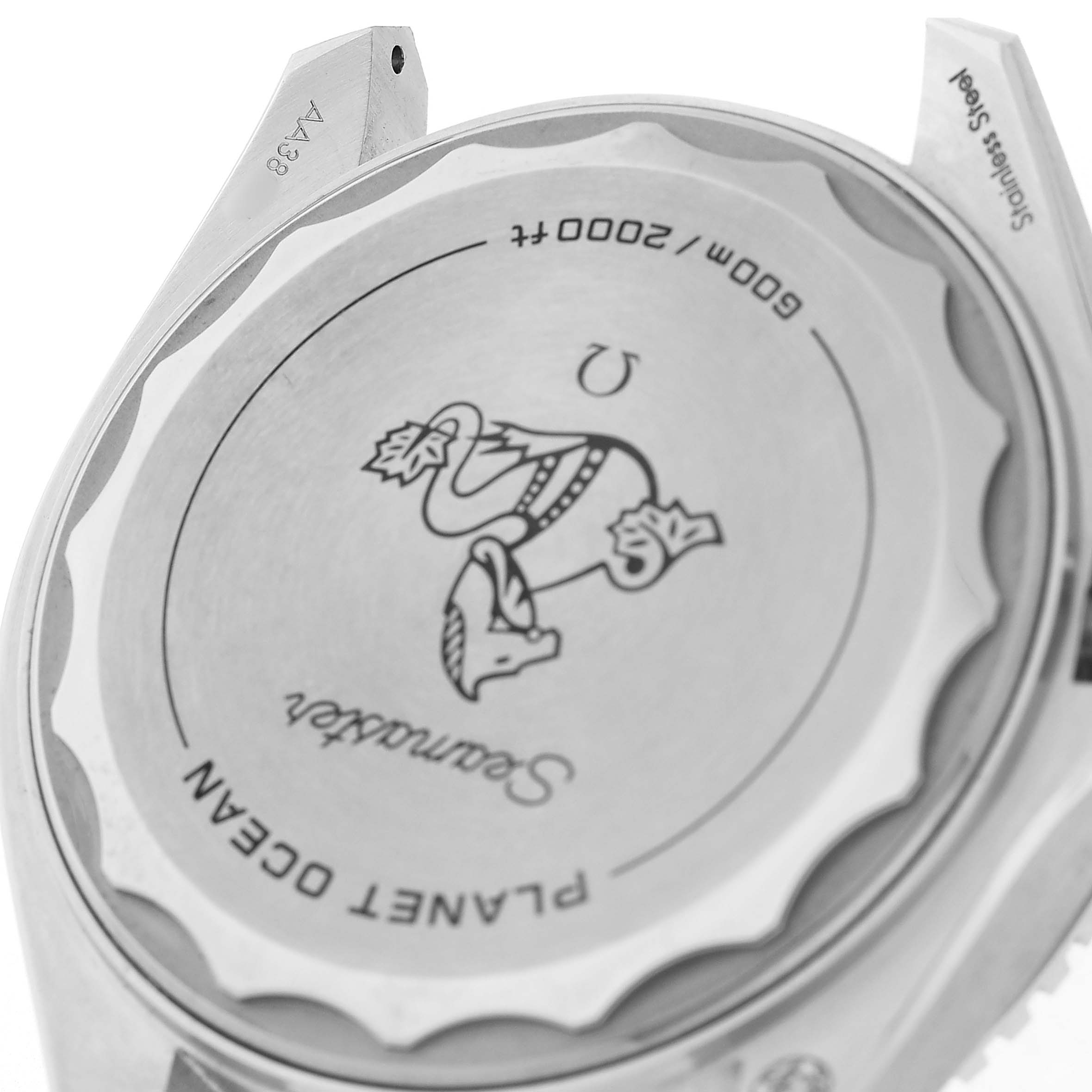 The Omega Planet Ocean 217.30.42.21.01.002 Men's Stainless Steel Black Dial watch is viewed from the back, showing the stainless steel case back and engraving details.