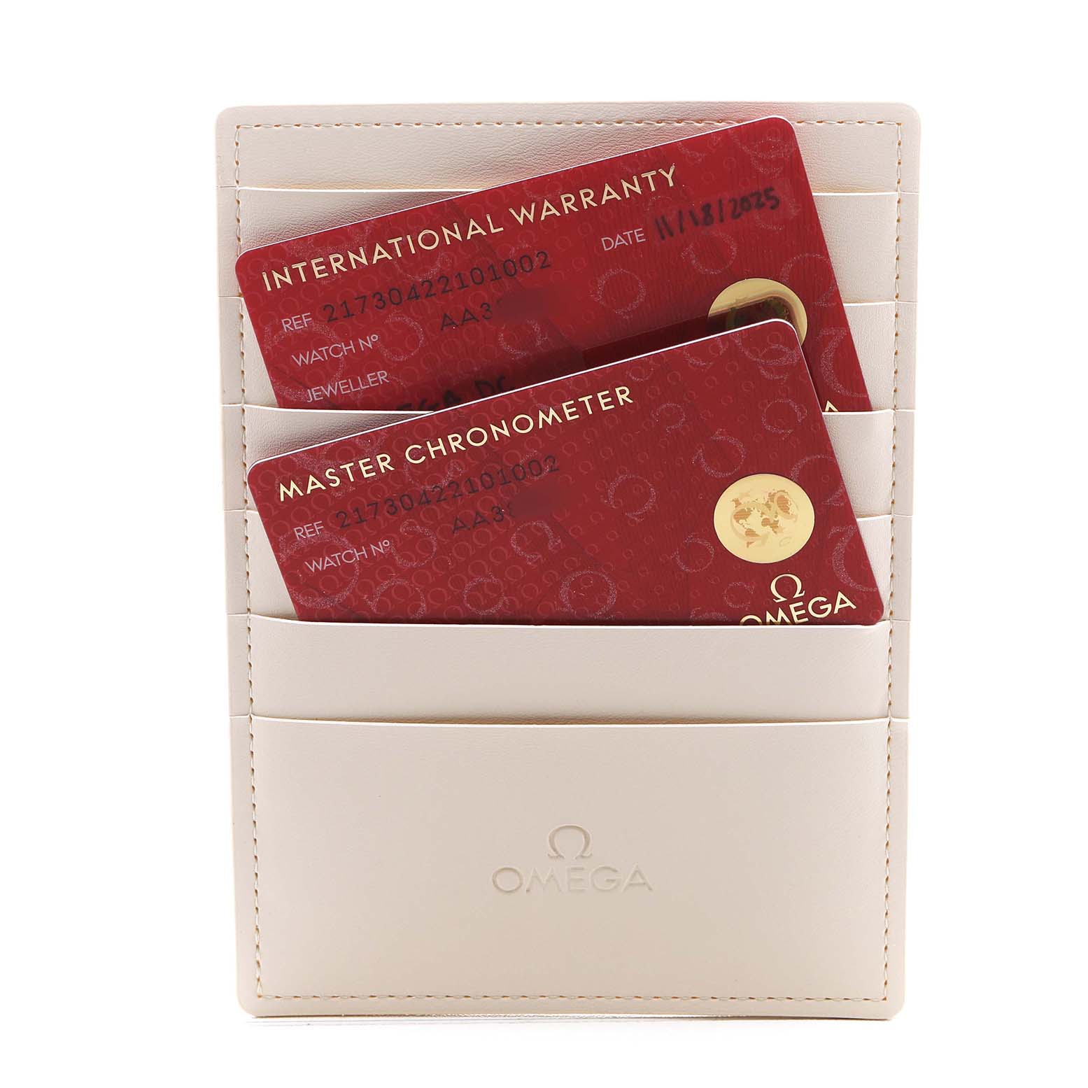 The image shows warranty cards for the Omega Planet Ocean 217.30.42.21.01.002 Men's Stainless Steel Black Dial model in a branded cardholder.
