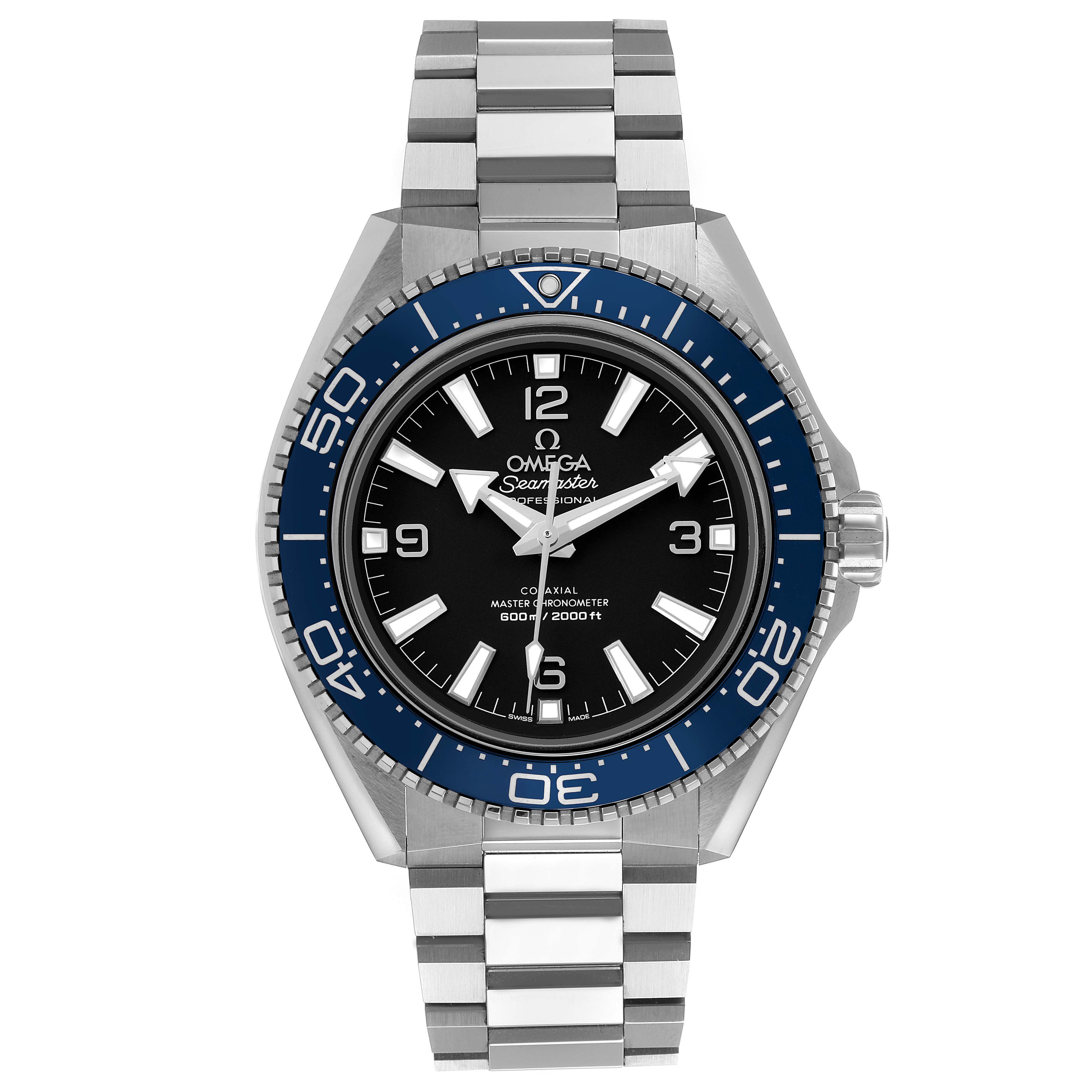 The Omega Planet Ocean 217.30.42.21.01.002 Men's Stainless Steel Black Dial watch is shown from a front angle, displaying its bezel, dial, and bracelet.