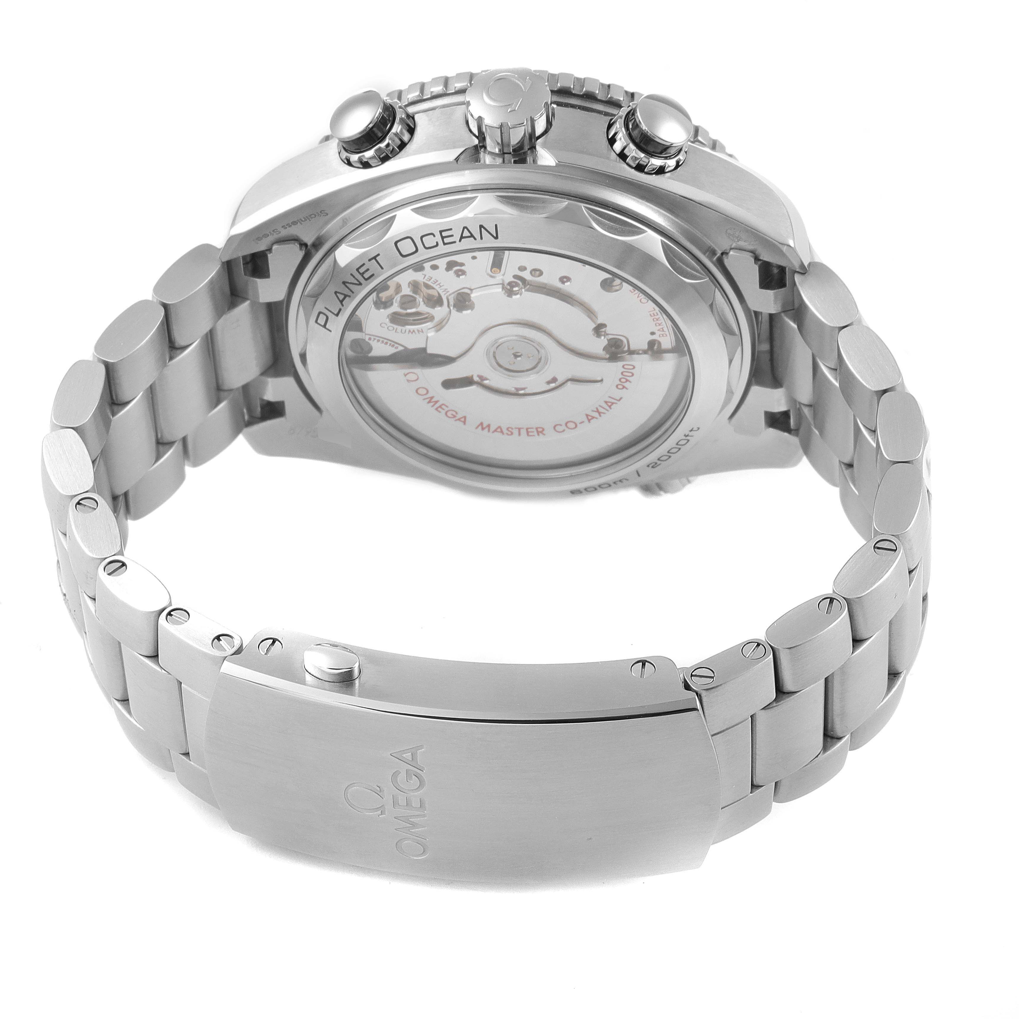 This image shows the back and bracelet of the Omega Planet Ocean 215.30.46.51.01.001 Men
s Stainless Steel Black Dial 215.30.46.51.01.001 Men
s Stainless Steel Black Dial watch, highlighting the case back and clasp.