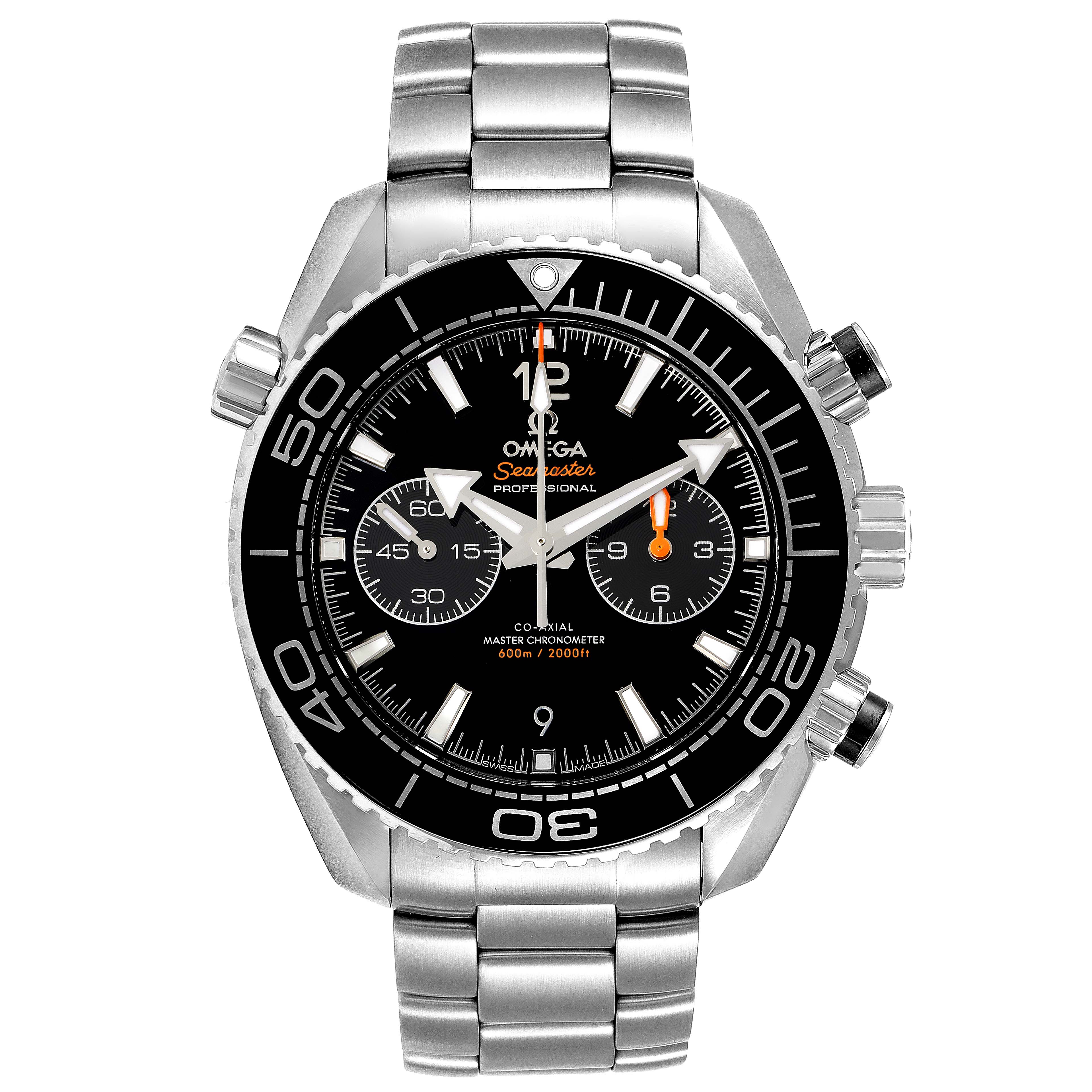 The Omega Planet Ocean 215.30.46.51.01.001 Men
s Stainless Steel Black Dial 215.30.46.51.01.001 Men
s Stainless Steel Black Dial watch is shown in a front view, displaying its dial, bezel, and bracelet.