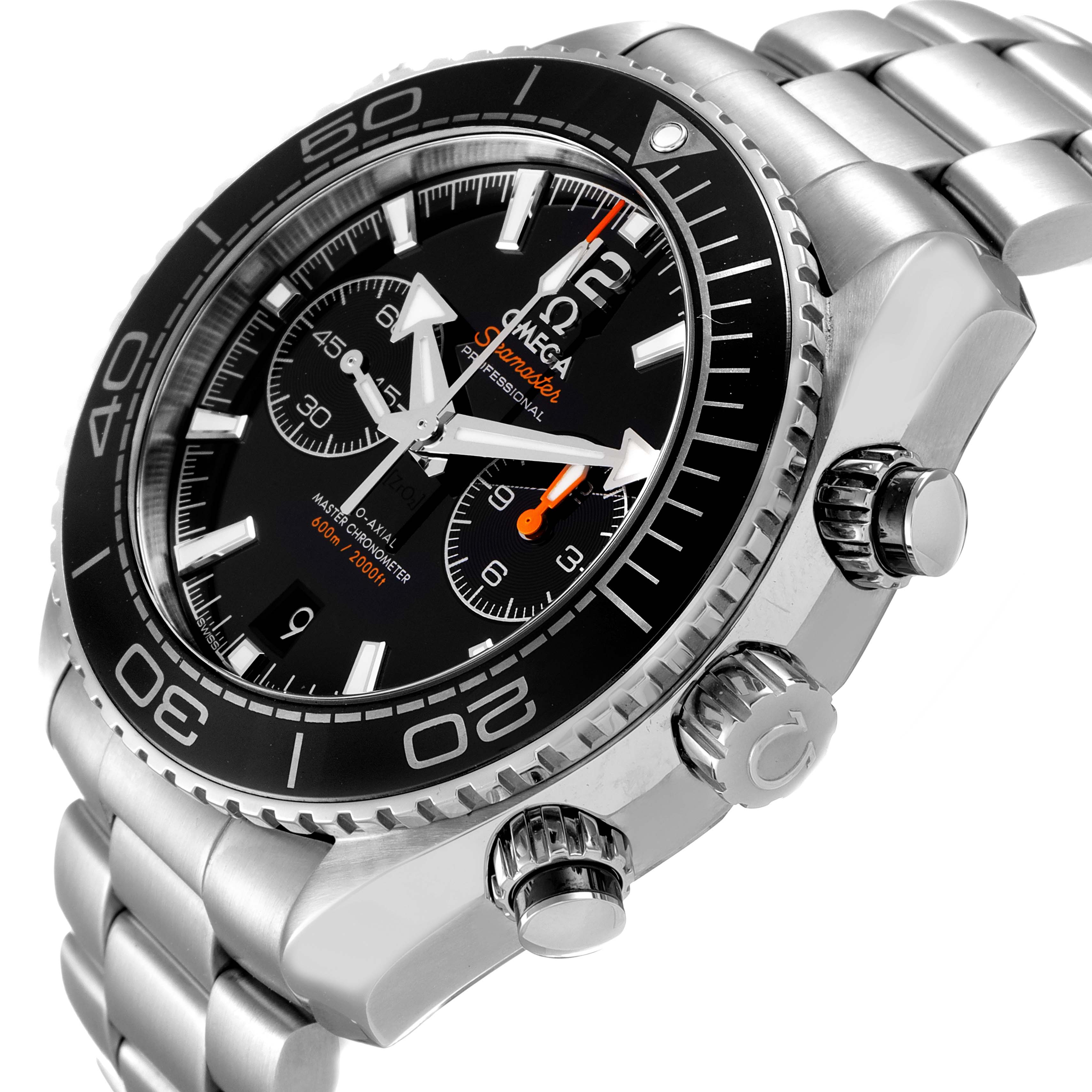 The image shows a side angle of the Omega Planet Ocean 215.30.46.51.01.001 Men
s Stainless Steel Black Dial 215.30.46.51.01.001 Men
s Stainless Steel Black Dial watch, highlighting its bezel, crown, and chronograph pushers.