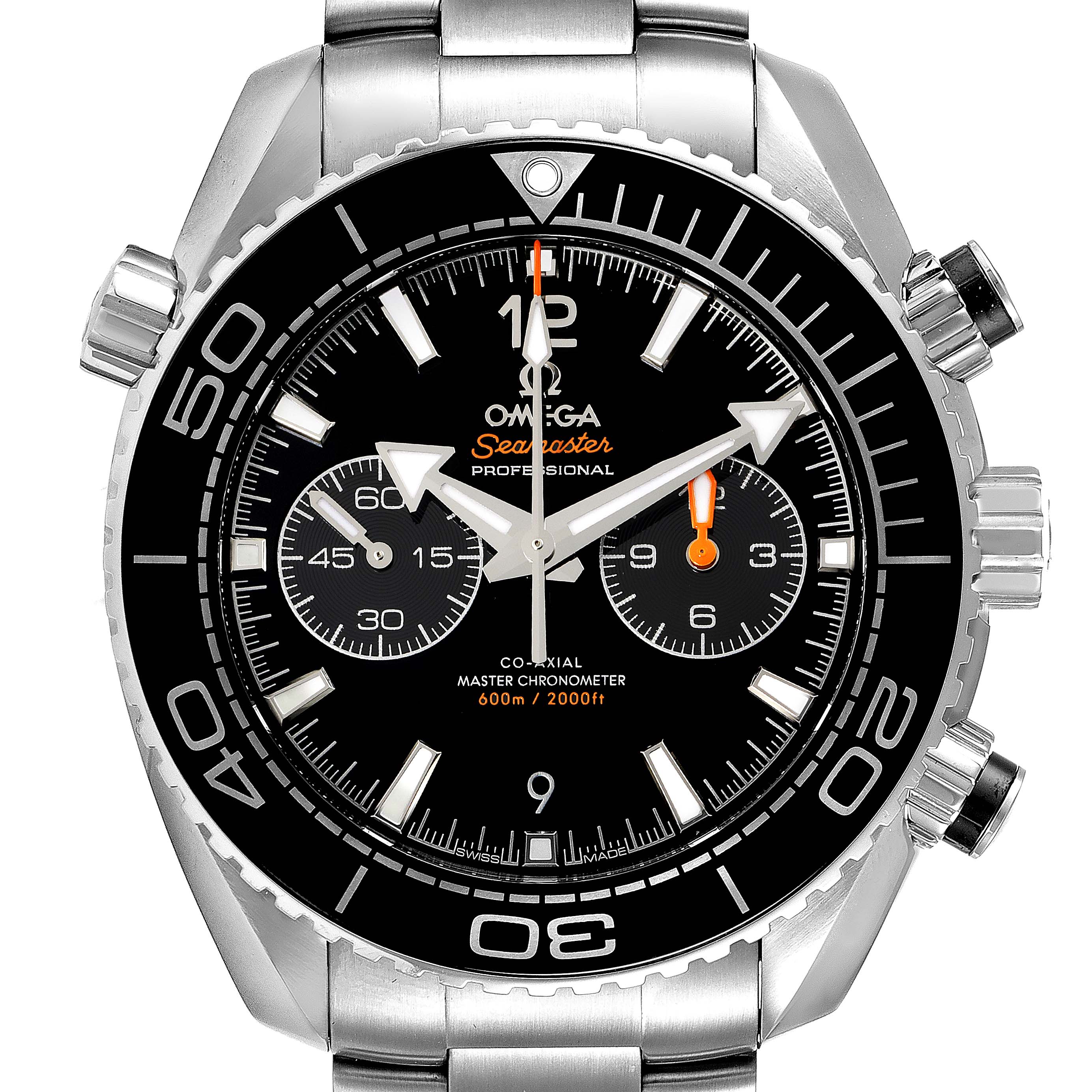 The image shows a front view of an Omega Planet Ocean 215.30.46.51.01.001 Men
s Stainless Steel Black Dial 215.30.46.51.01.001 Men
s Stainless Steel Black Dial watch, highlighting the dial, bezel, and chronograph subdials.