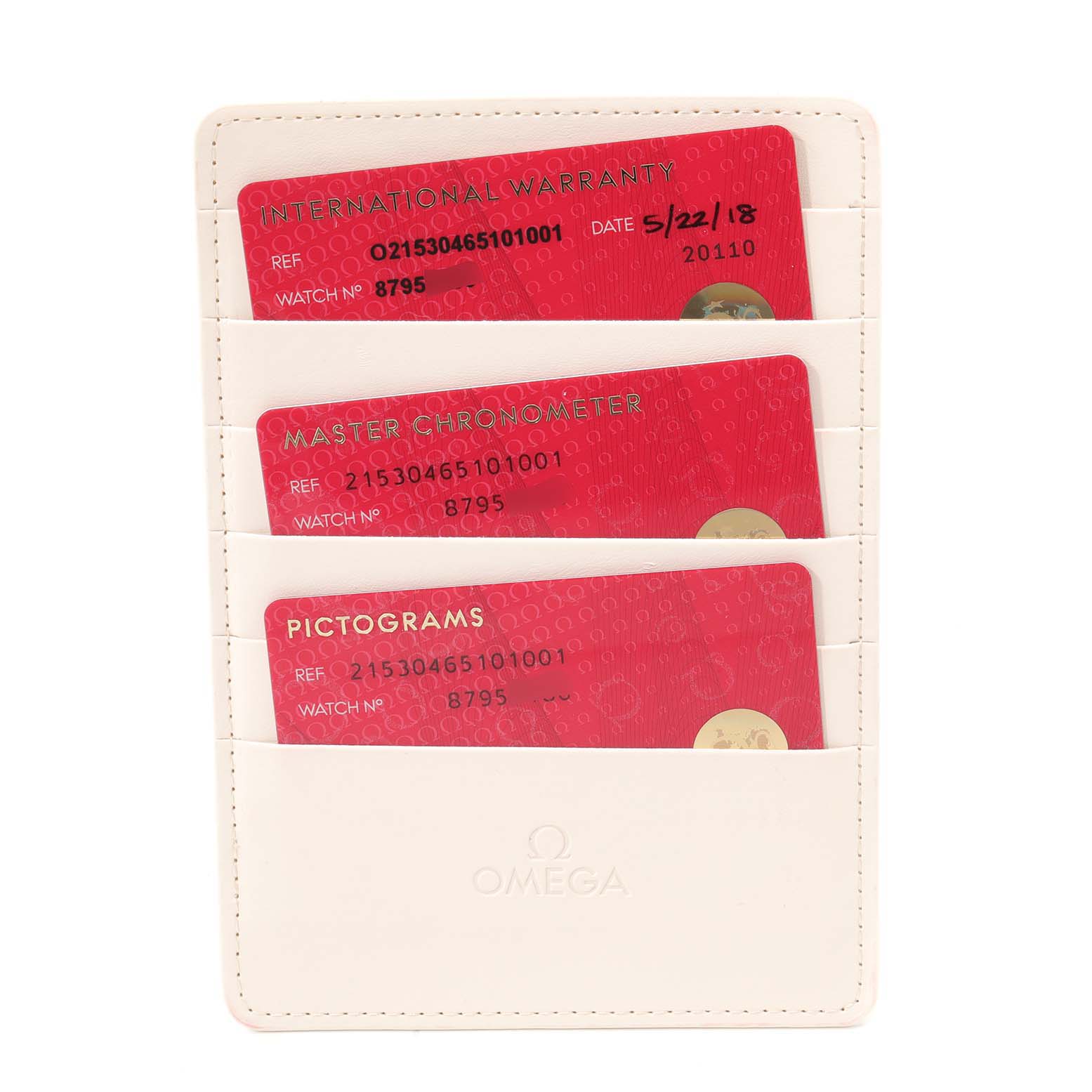 The image shows warranty and certification cards for the Omega Planet Ocean 215.30.46.51.01.001 Men
s Stainless Steel Black Dial 215.30.46.51.01.001 Men
s Stainless Steel Black Dial watch model, displayed in a white cardholder.