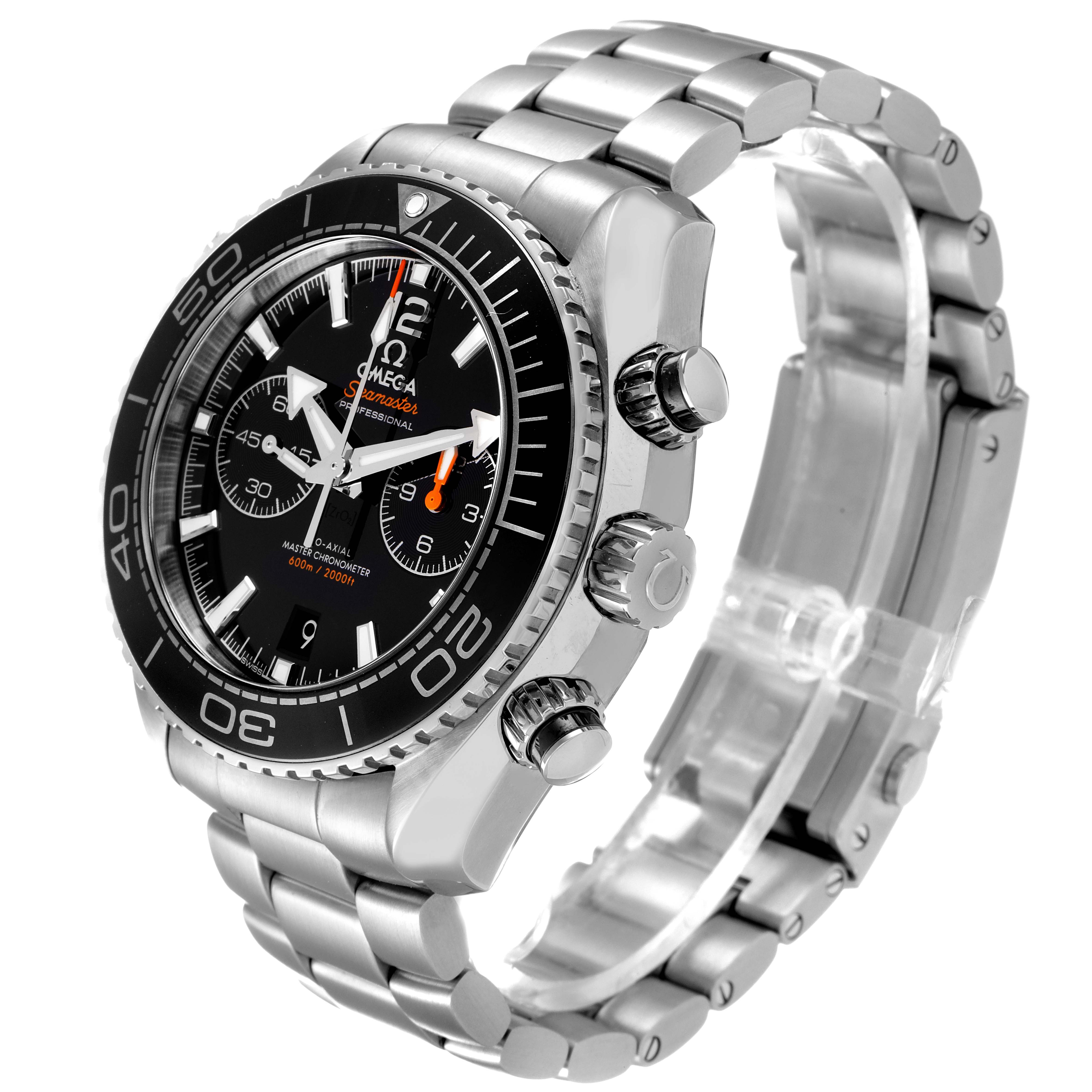 The Omega Planet Ocean 215.30.46.51.01.001 Men
s Stainless Steel Black Dial 215.30.46.51.01.001 Men
s Stainless Steel Black Dial watch is shown at a slight angle displaying the face, bezel, crown, and chronograph pushers.