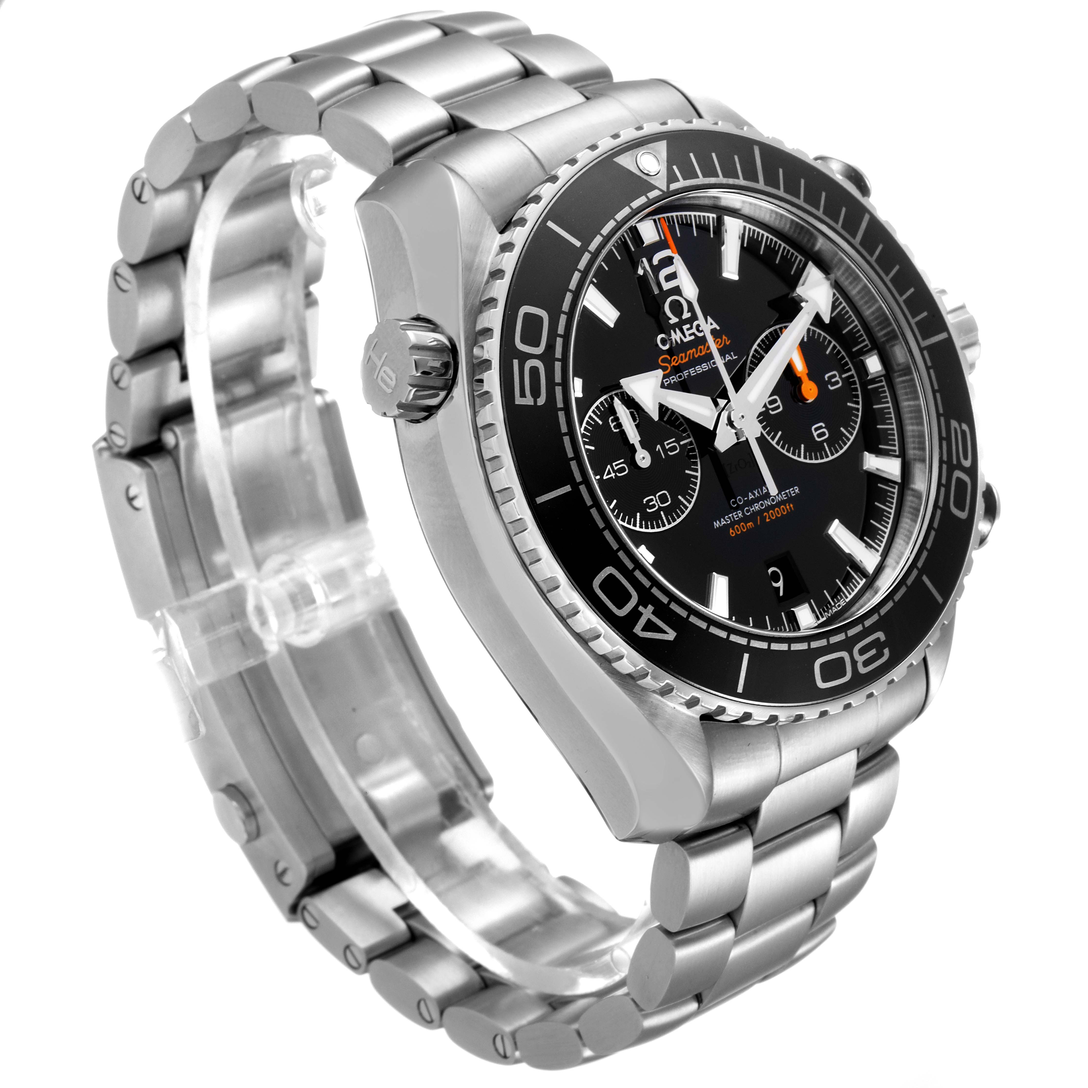 The image shows a side angle of the Omega Planet Ocean 215.30.46.51.01.001 Men
s Stainless Steel Black Dial 215.30.46.51.01.001 Men
s Stainless Steel Black Dial watch, highlighting its bezel, dial, and bracelet.