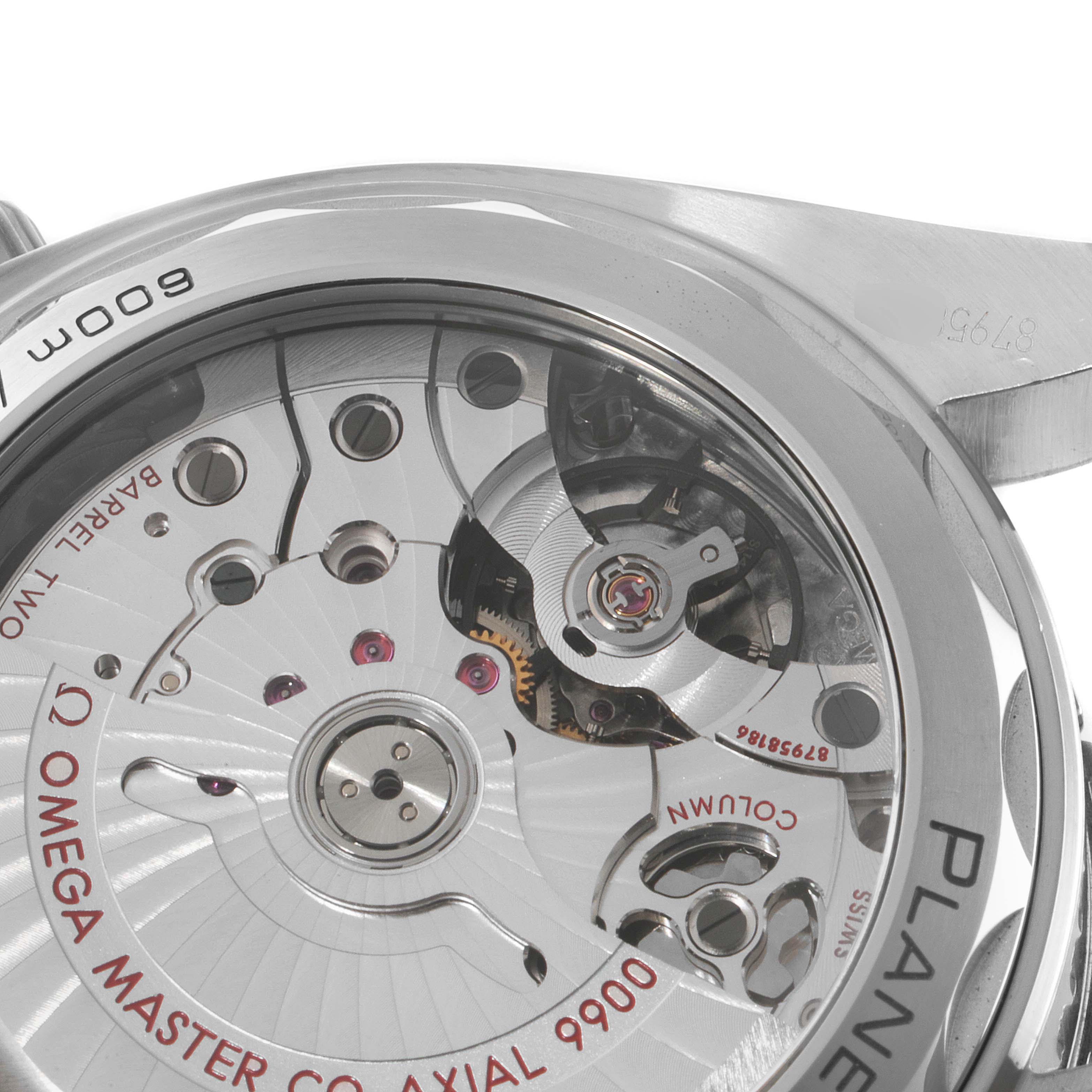 The image shows a close-up view of the Omega Planet Ocean 215.30.46.51.01.001 Men
s Stainless Steel Black Dial 215.30.46.51.01.001 Men
s Stainless Steel Black Dial watch’s movement, highlighting the Omega Master Co-Axial 9900 caliber.