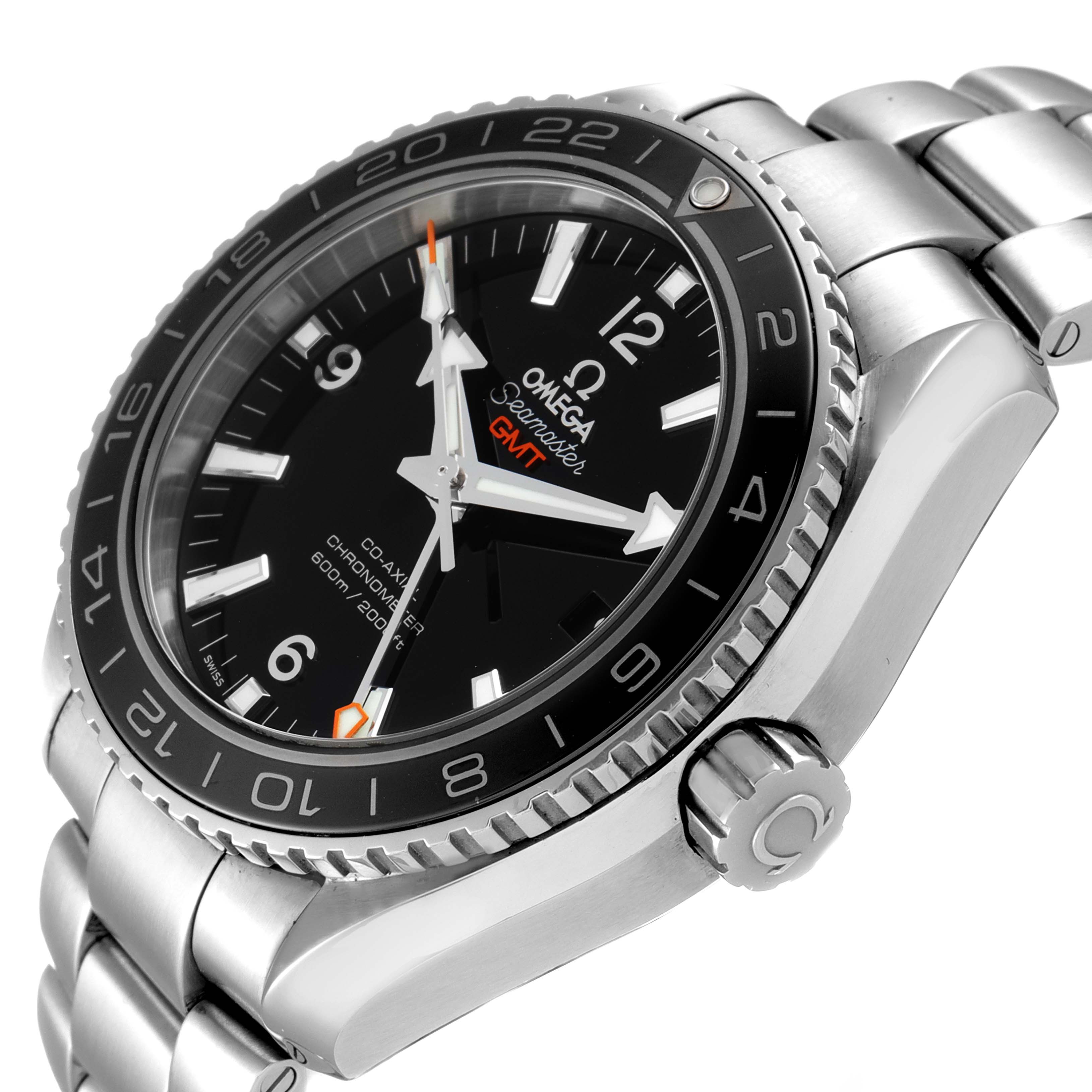 The image shows a side-angle view of the Omega Planet Ocean 232.30.44.22.01.001 Men
s Stainless Steel Black Dial 232.30.44.22.01.001 Men
s Stainless Steel Black Dial watch, highlighting its bezel, crown, and bracelet.