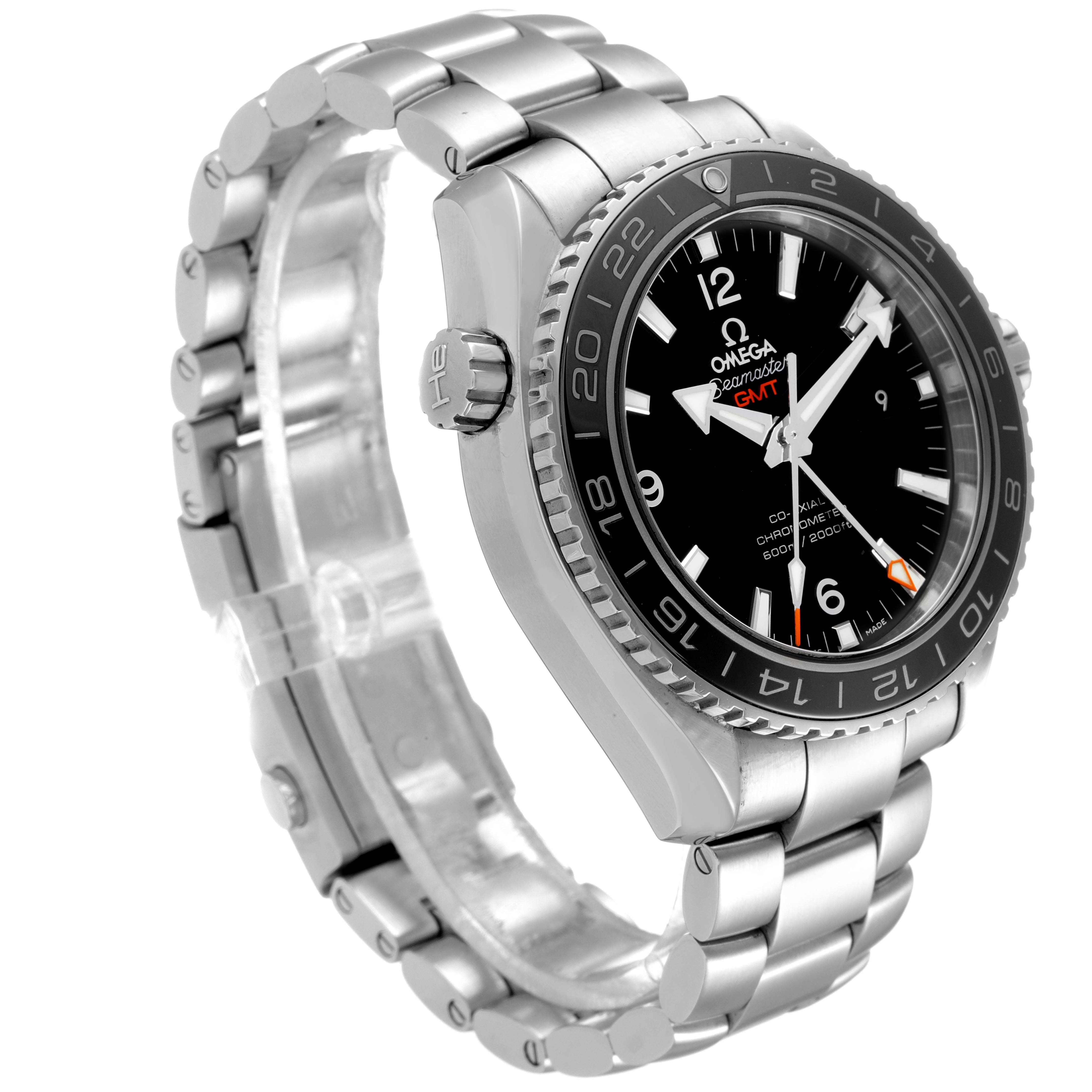 The image displays a side angle of an Omega Planet Ocean 232.30.44.22.01.001 Men
s Stainless Steel Black Dial 232.30.44.22.01.001 Men
s Stainless Steel Black Dial GMT model, showcasing the bezel, dial, crown, and metal bracelet.