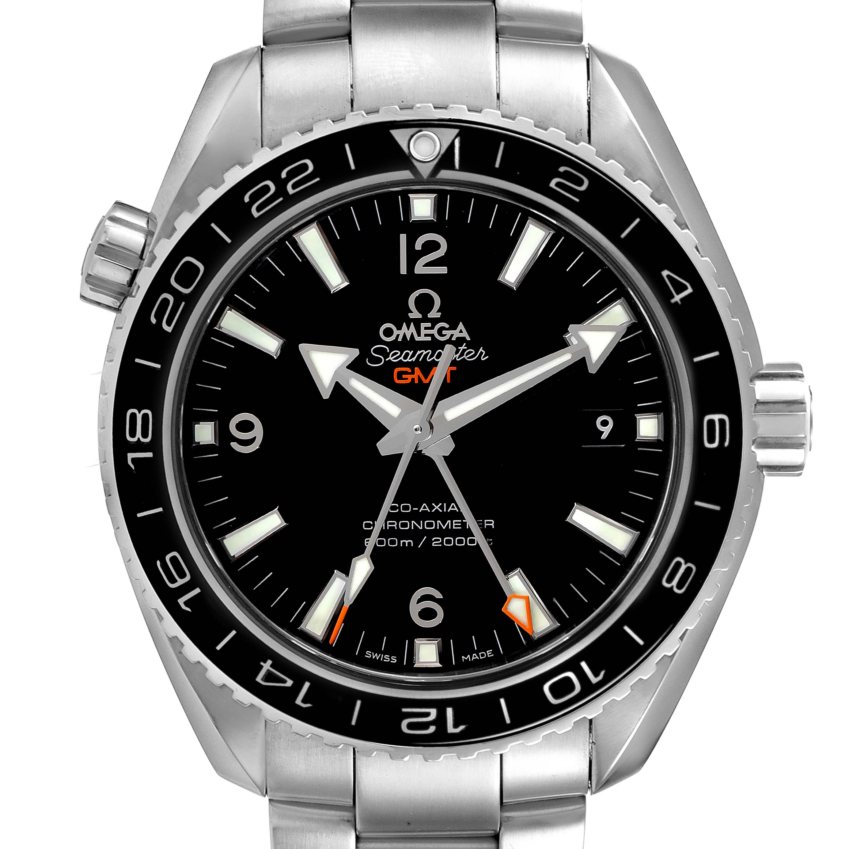 The image shows a frontal view of an Omega Seamaster Planet Ocean watch, highlighting the dial, bezel, and part of the metal bracelet.