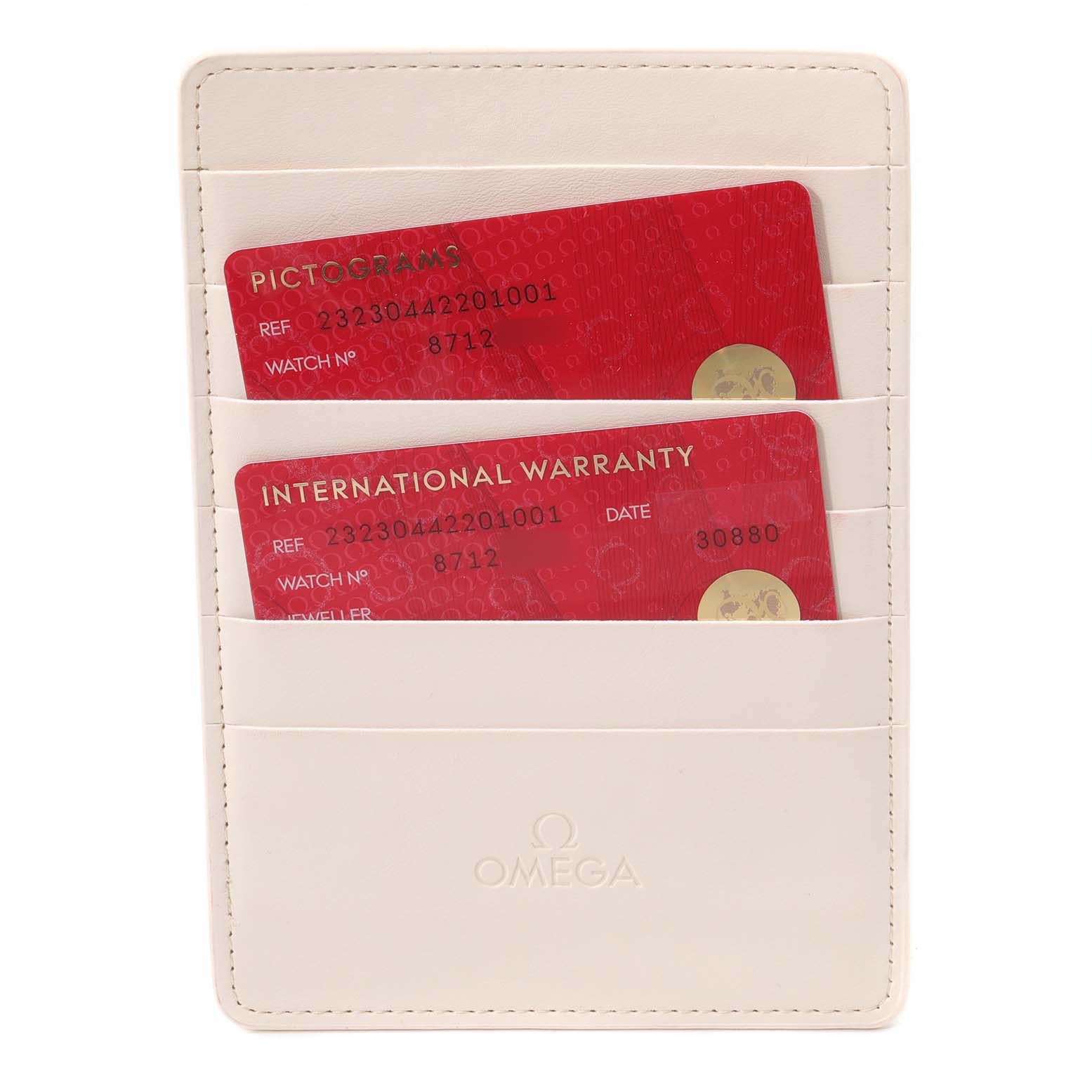 The image shows two cards in a white holder for the Omega Planet Ocean 232.30.44.22.01.001 Men
s Stainless Steel Black Dial 232.30.44.22.01.001 Men
s Stainless Steel Black Dial watch, indicating a pictogram card and an international warranty card.