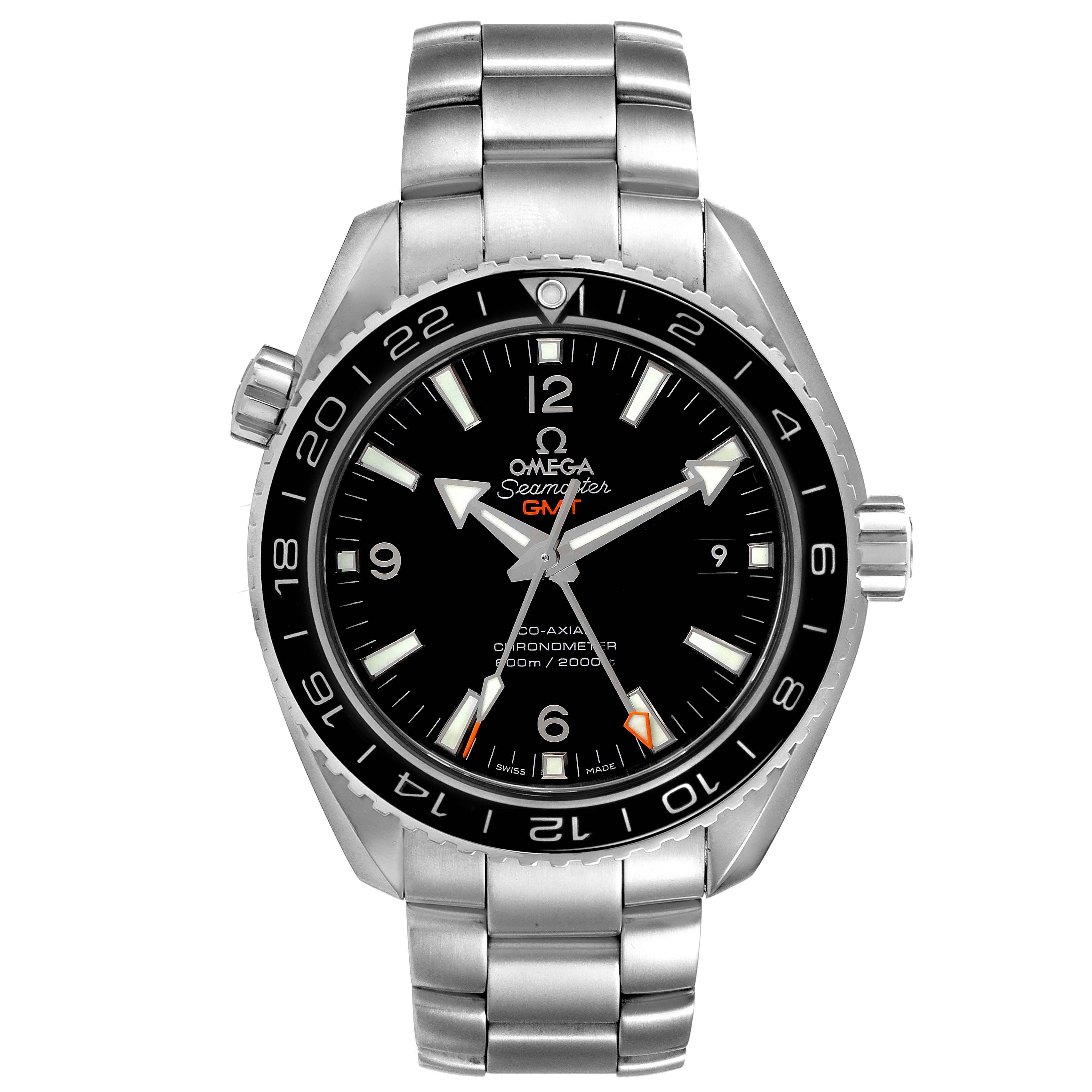 The Omega Planet Ocean 232.30.44.22.01.001 Men
s Stainless Steel Black Dial 232.30.44.22.01.001 Men
s Stainless Steel Black Dial watch is shown from a top-down angle, highlighting its face, bezel, and metal bracelet.