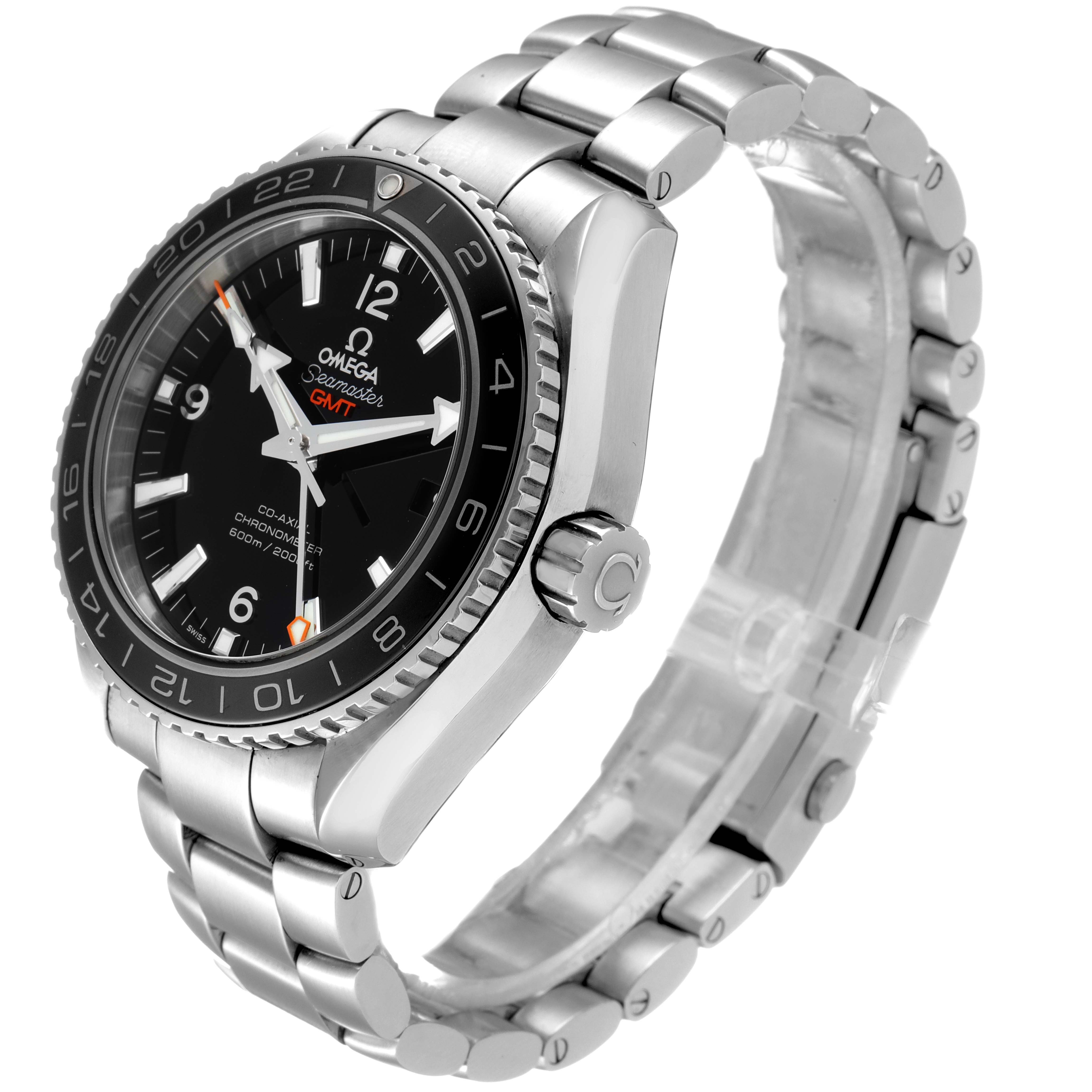 This image shows an angled view of the Omega Planet Ocean 232.30.44.22.01.001 Men
s Stainless Steel Black Dial 232.30.44.22.01.001 Men
s Stainless Steel Black Dial GMT watch, highlighting the face, bezel, crown, and bracelet.