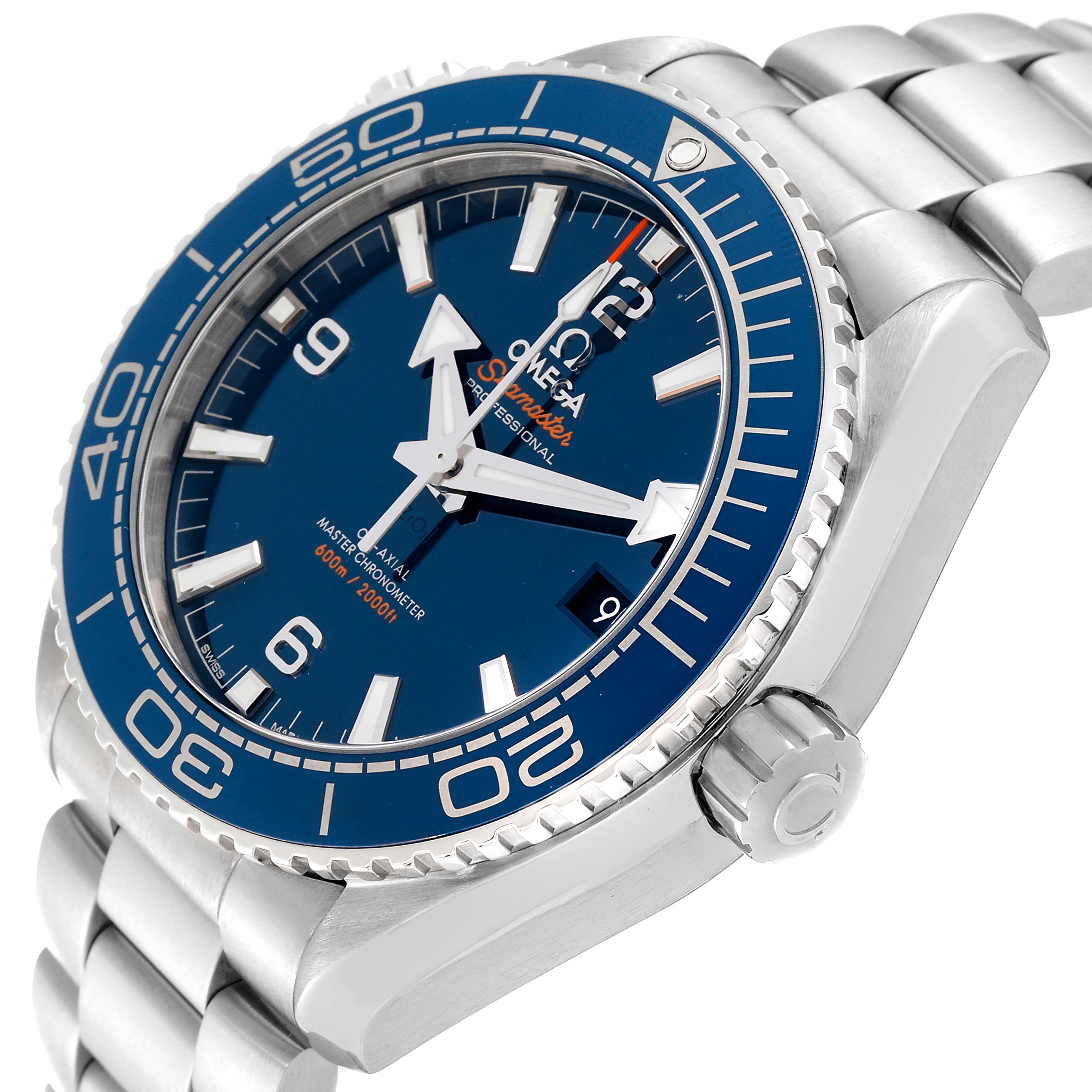 The image shows a three-quarter angled view of the Omega Planet Ocean 215.30.44.21.03.001 Men's Stainless Steel Blue Dial 215.30.44.21.03.001 Men's Stainless Steel Blue Dial model, highlighting the dial, bezel, and bracelet.