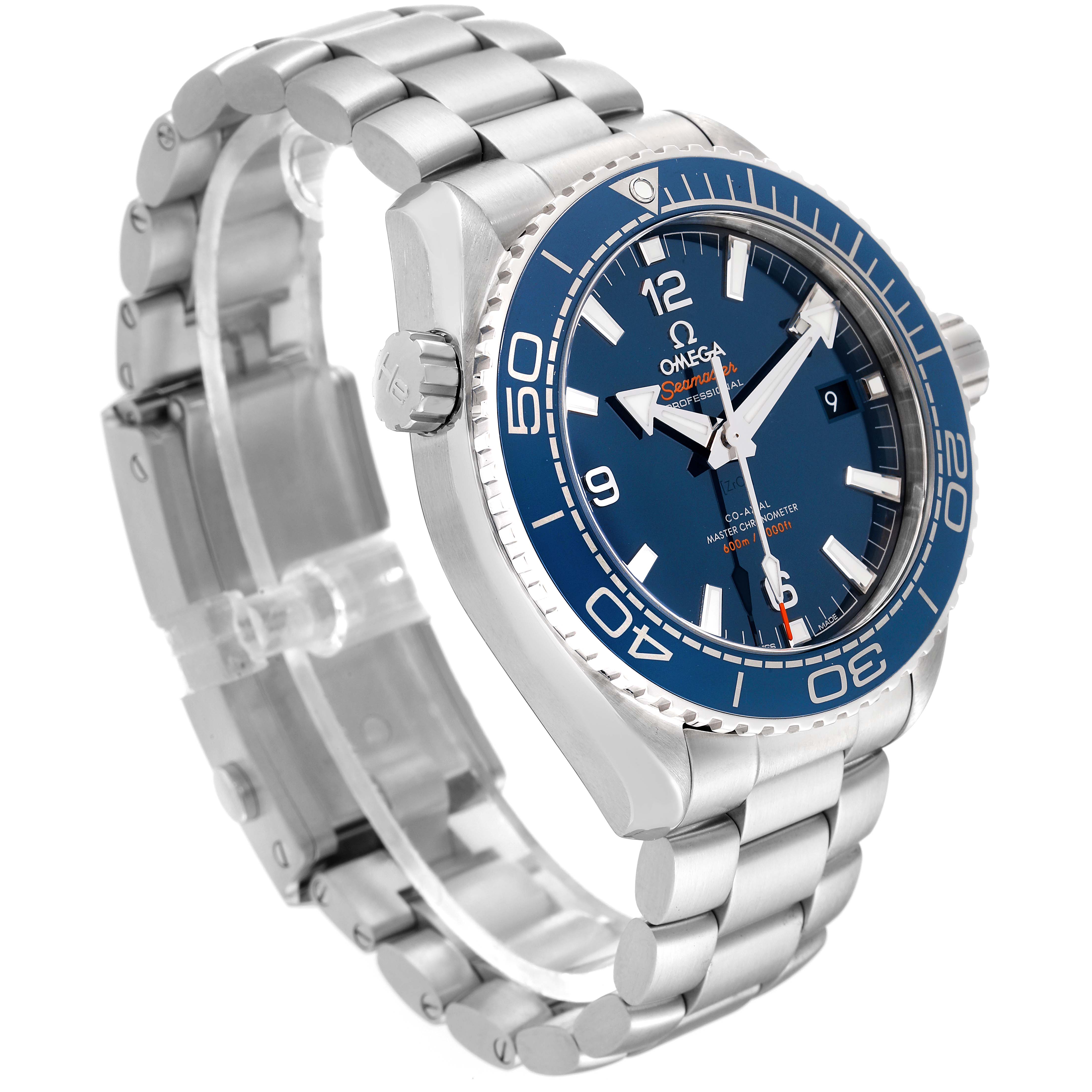 This is an angled view of the Omega Planet Ocean 215.30.44.21.03.001 Men's Stainless Steel Blue Dial 215.30.44.21.03.001 Men's Stainless Steel Blue Dial watch showing its face, bezel, and metal bracelet.