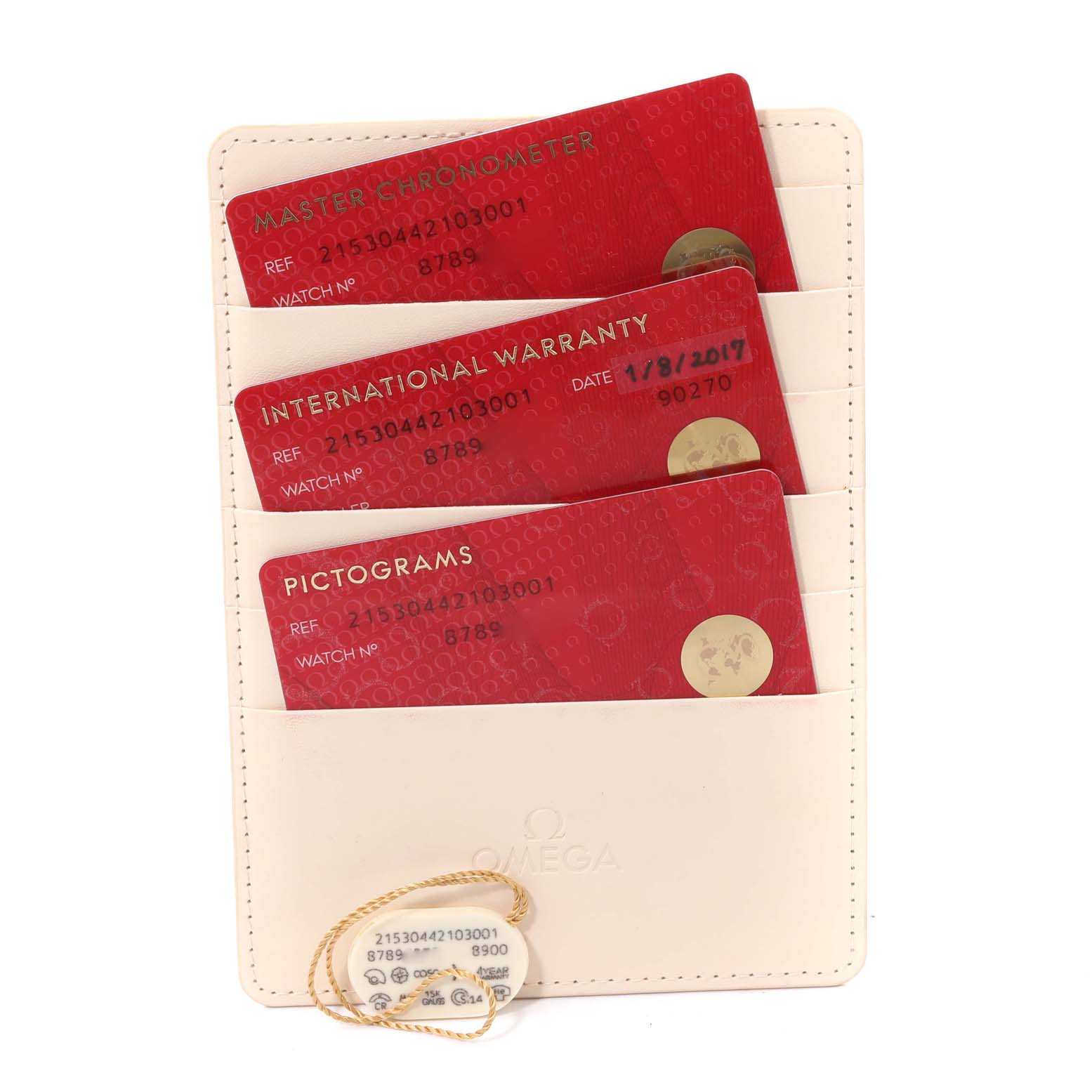 The image shows certificate cards and a tag with the Omega brand, specifically for the Planet Ocean model.