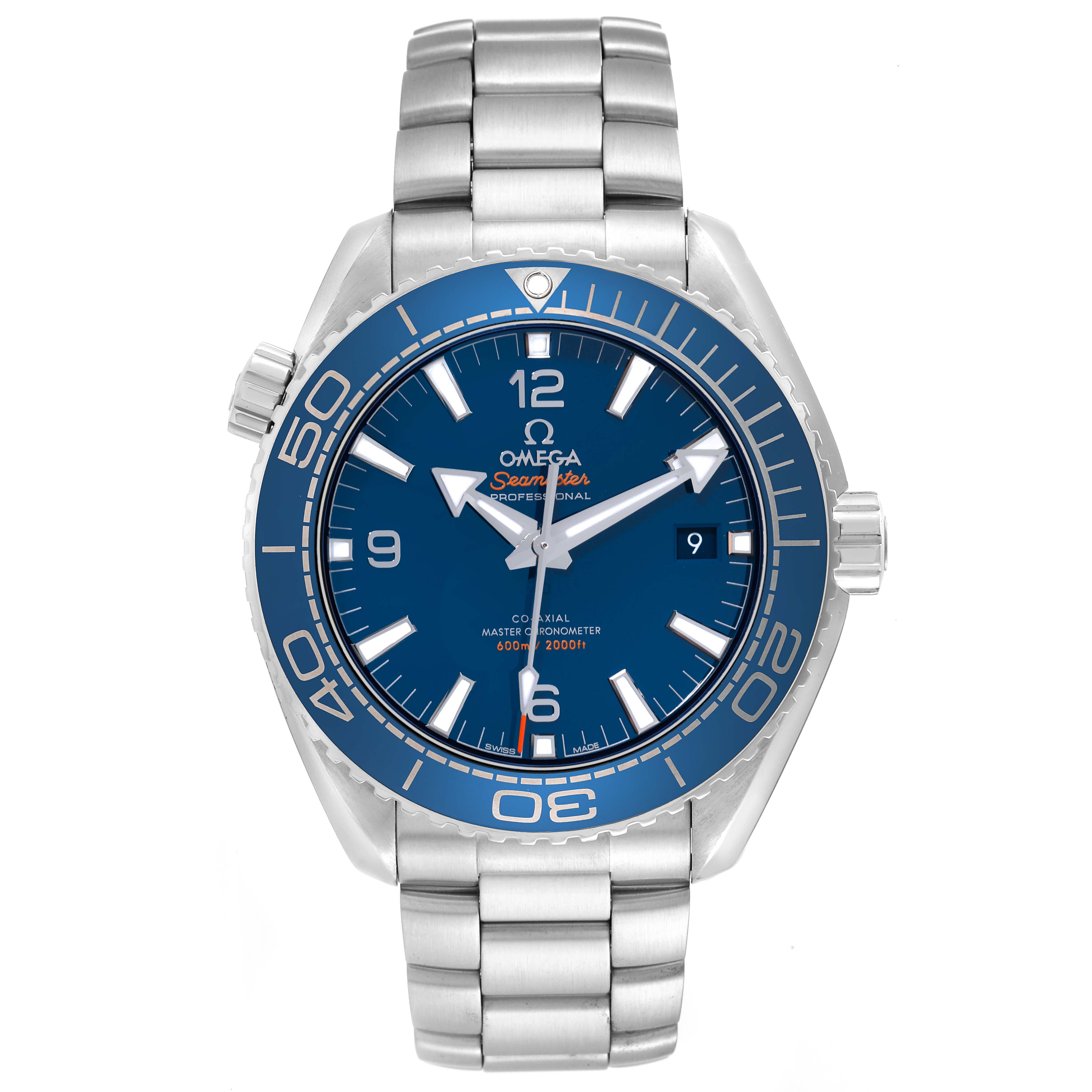 The image shows a front view of the Omega Planet Ocean 215.30.44.21.03.001 Men's Stainless Steel Blue Dial 215.30.44.21.03.001 Men's Stainless Steel Blue Dial model, highlighting the dial, bezel, bracelet, and crown.