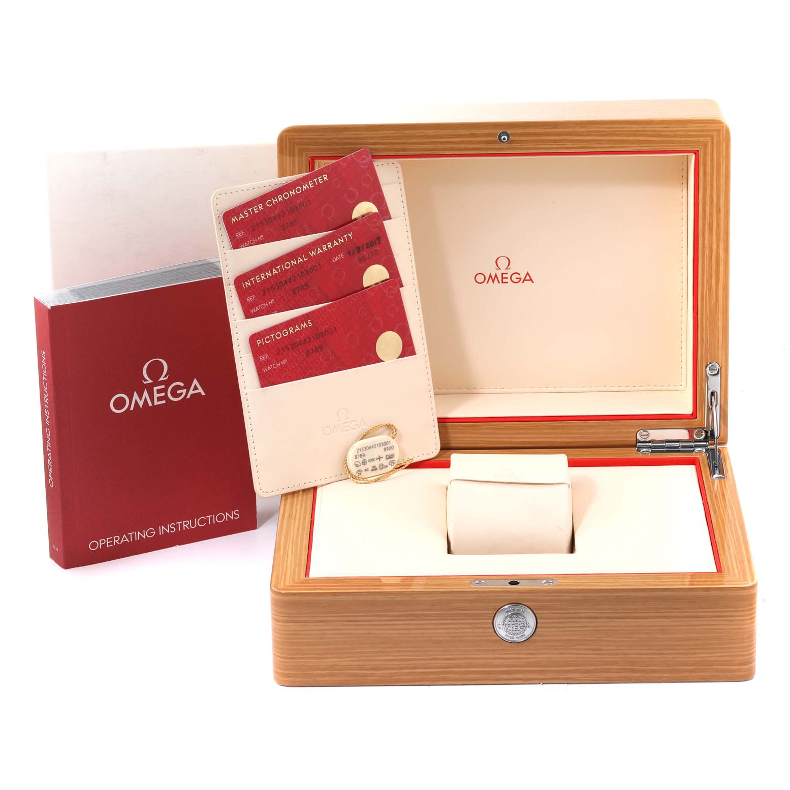 The image shows the open box and documents for an Omega Planet Ocean 215.30.44.21.03.001 Men's Stainless Steel Blue Dial 215.30.44.21.03.001 Men's Stainless Steel Blue Dial watch.